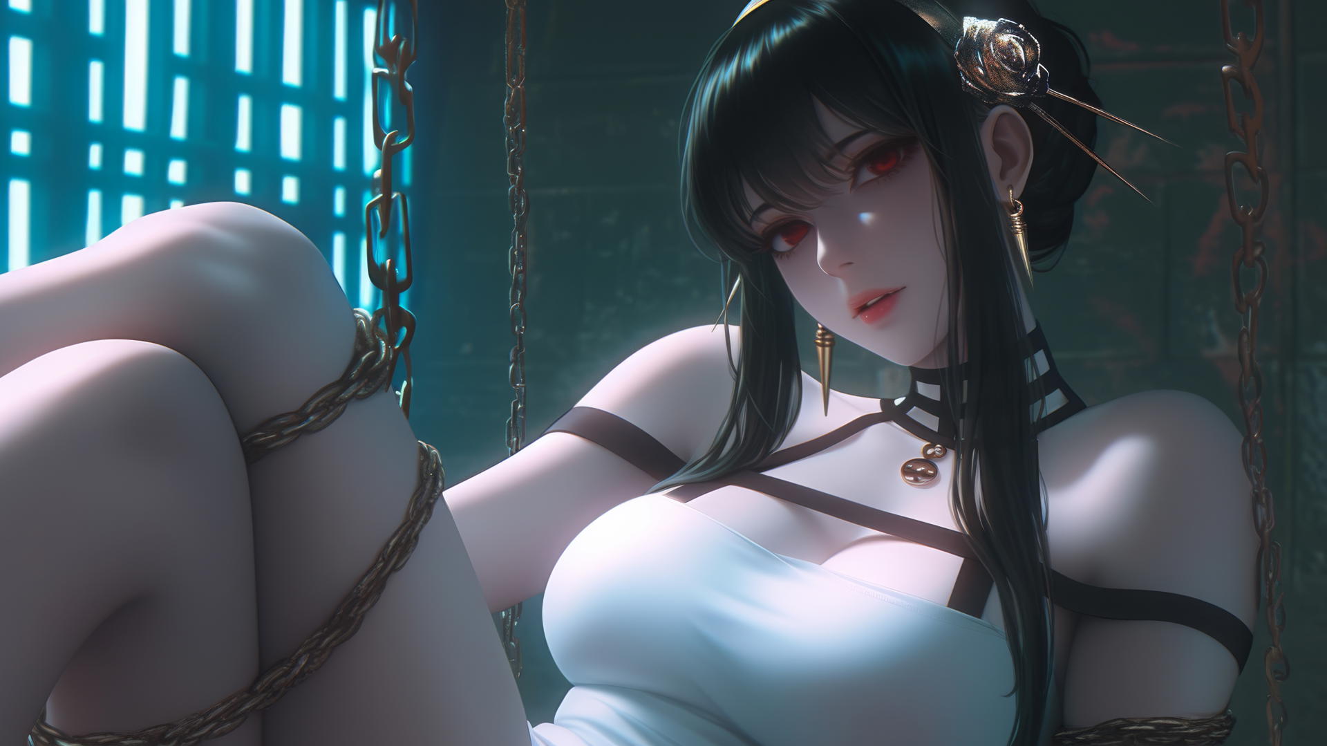 Yor Forger in a white office shirt, chained in her apartment, neon light glow