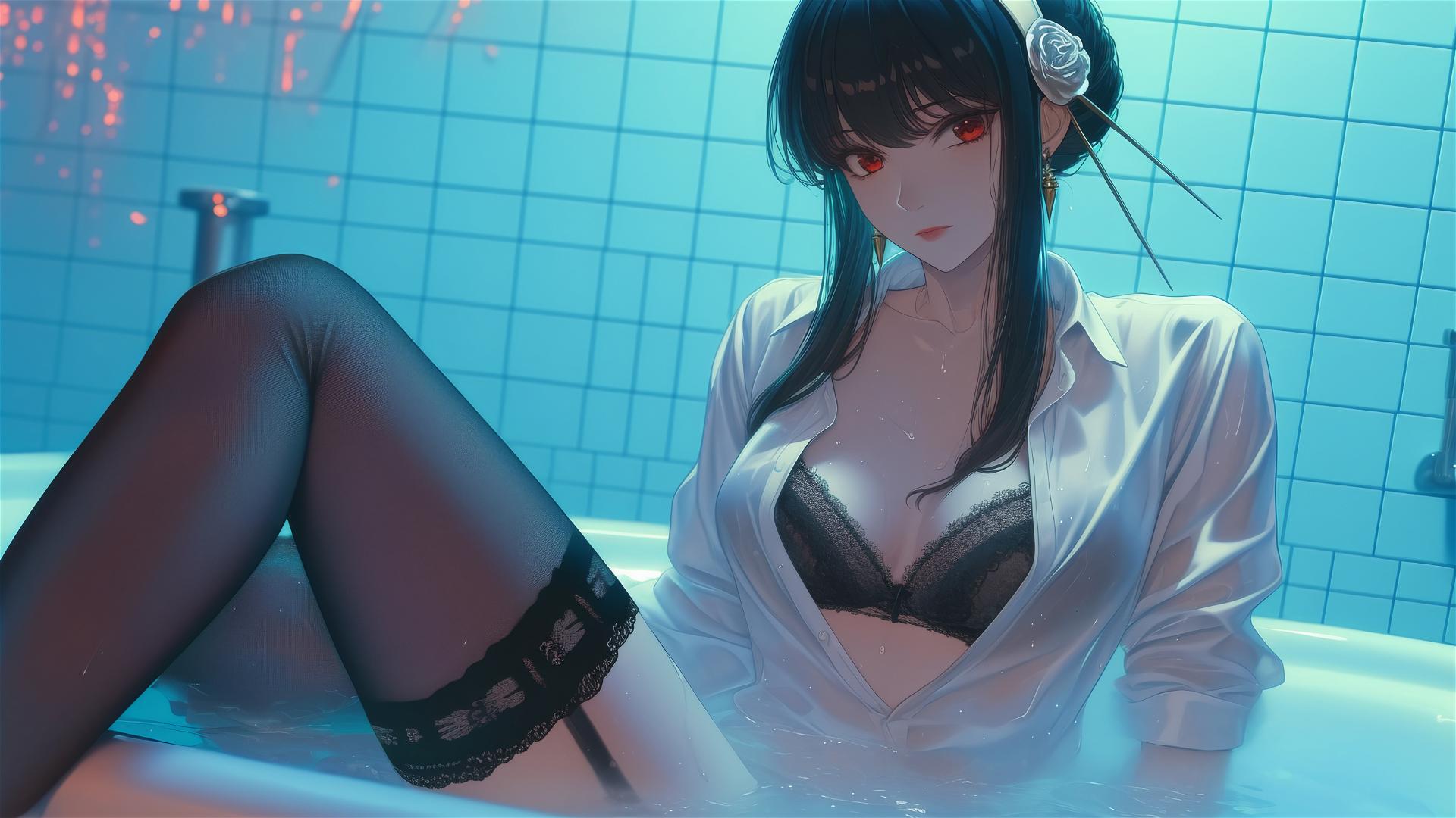 Yor Forger from Spy x Family in a white office shirt, in a tub with neon light.