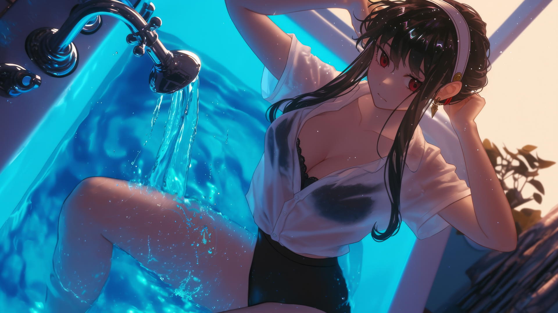 Yor Forger in a white office shirt jumping out of a tub with neon light glow
