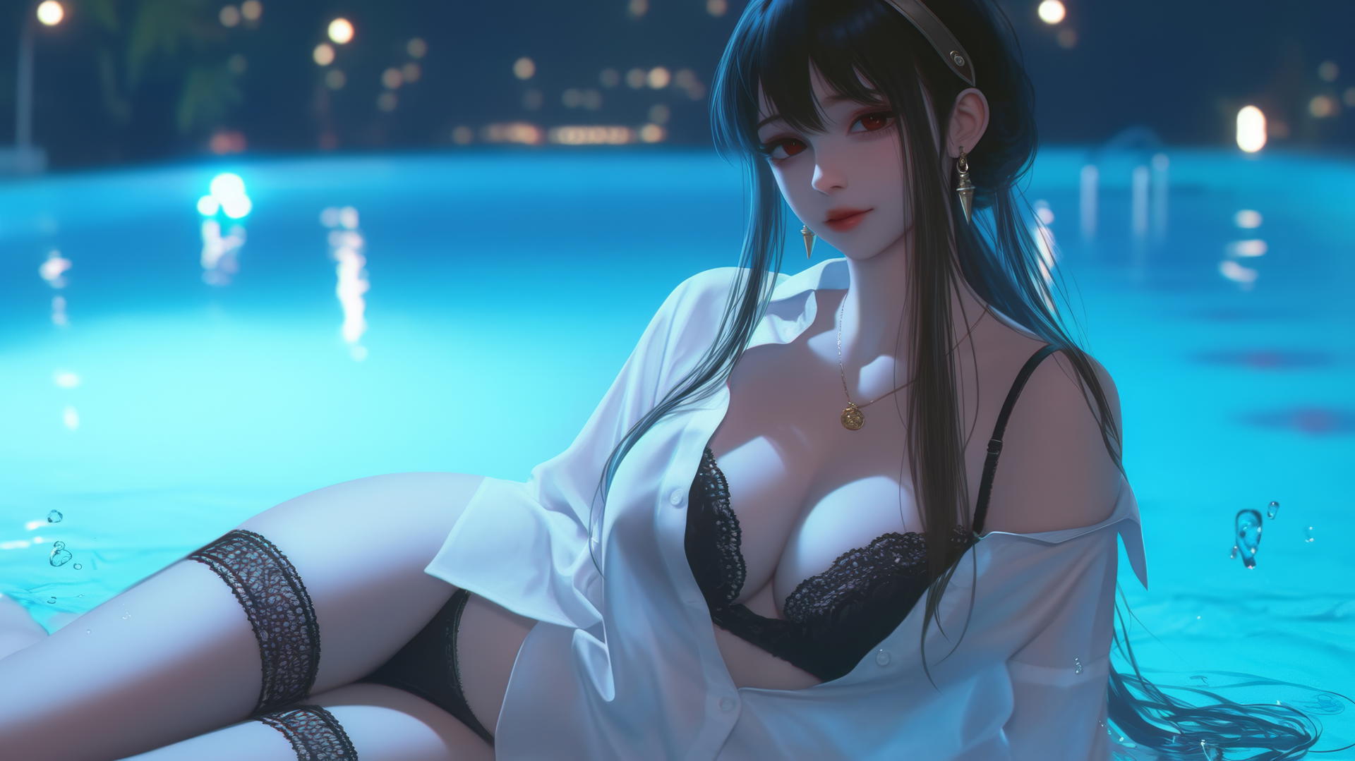 Yor Forger in white office shirt by a rainy pool, moonlight glows, thigh focus.