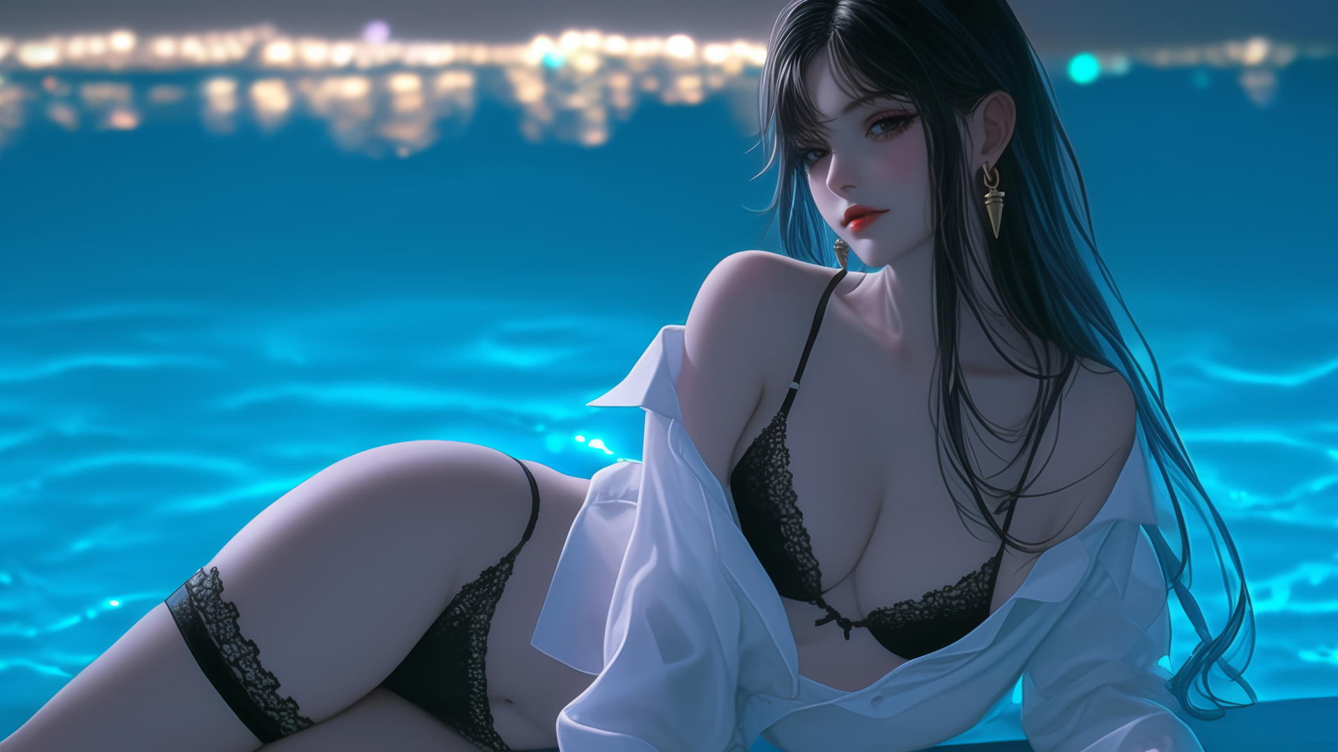 Yor Forger in white office shirt, sitting by rainy pool, moonlit, thigh focus