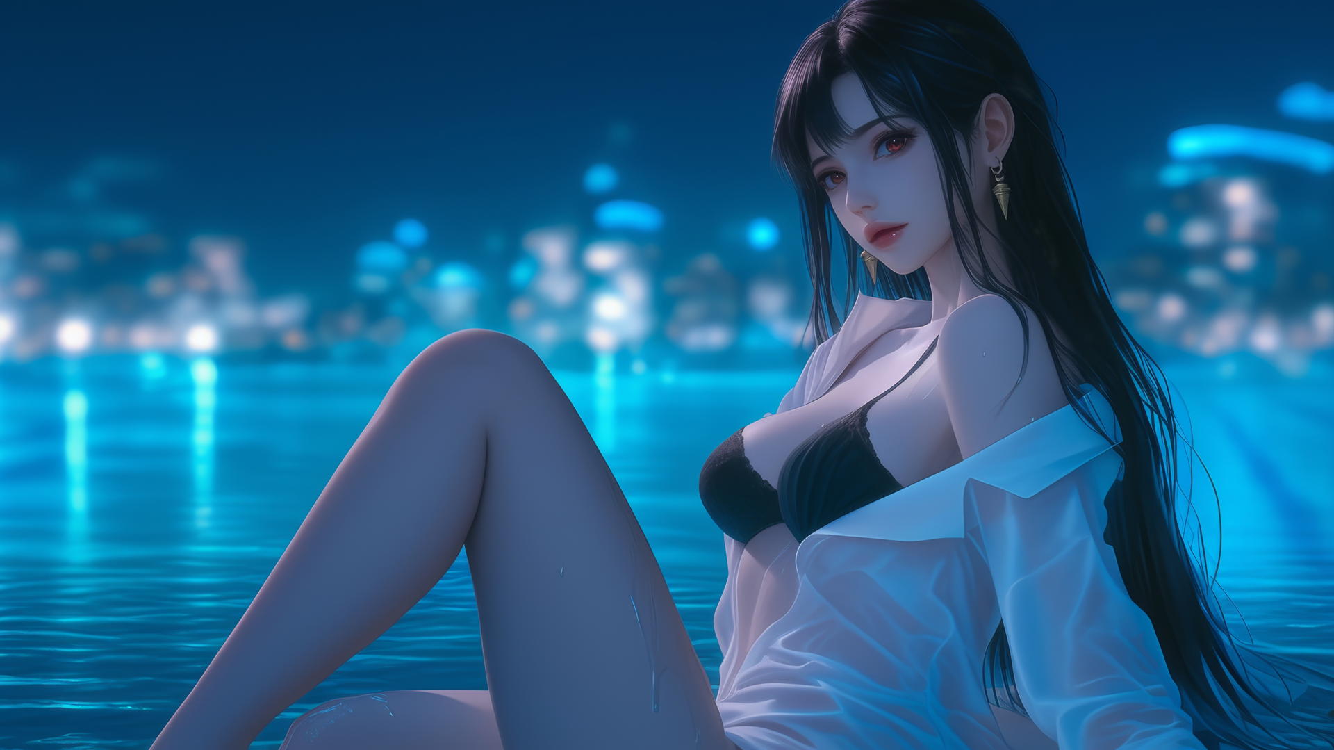 Yor Forger from Spy x Family sitting by a rainy swimming pool under moonlight