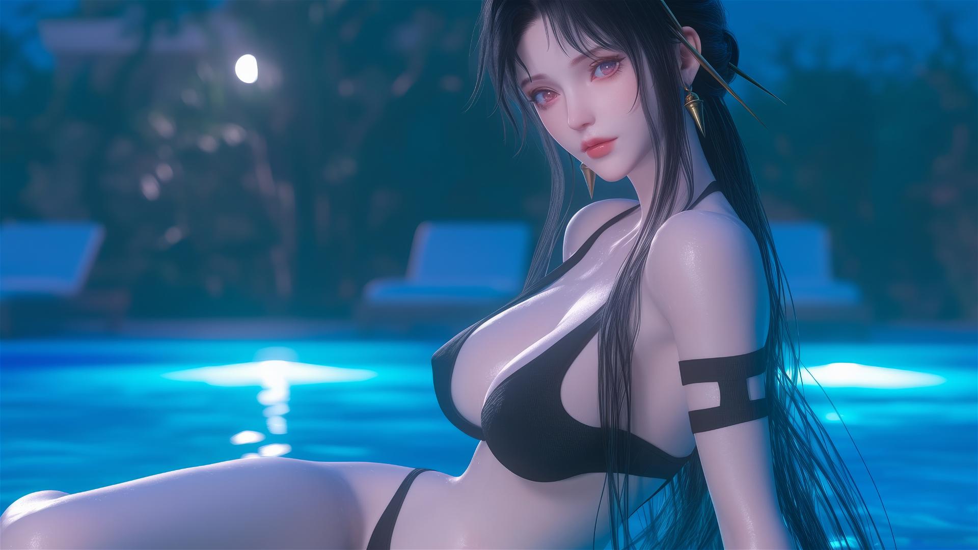 Yor Forger from Spy x Family sitting by a rainy swimming pool under moonlight