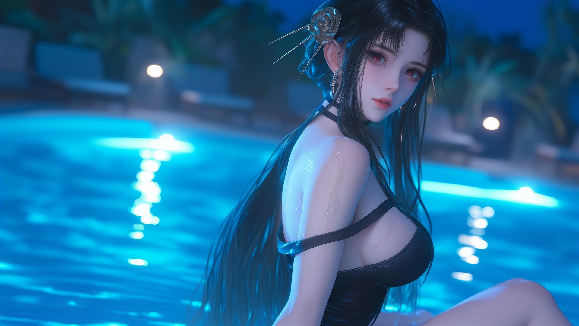 Yor Forger from Spy x Family sitting by a rainy swimming pool under moonlight