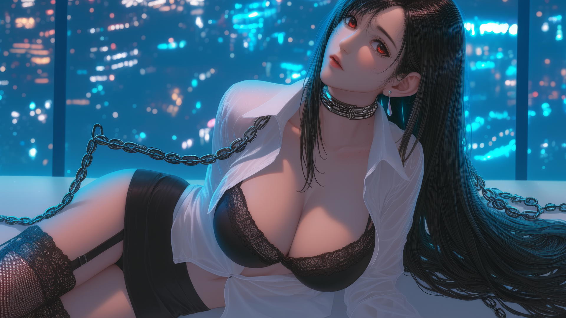 Tifa Lockhart chained in modern hotel room with neon light glow