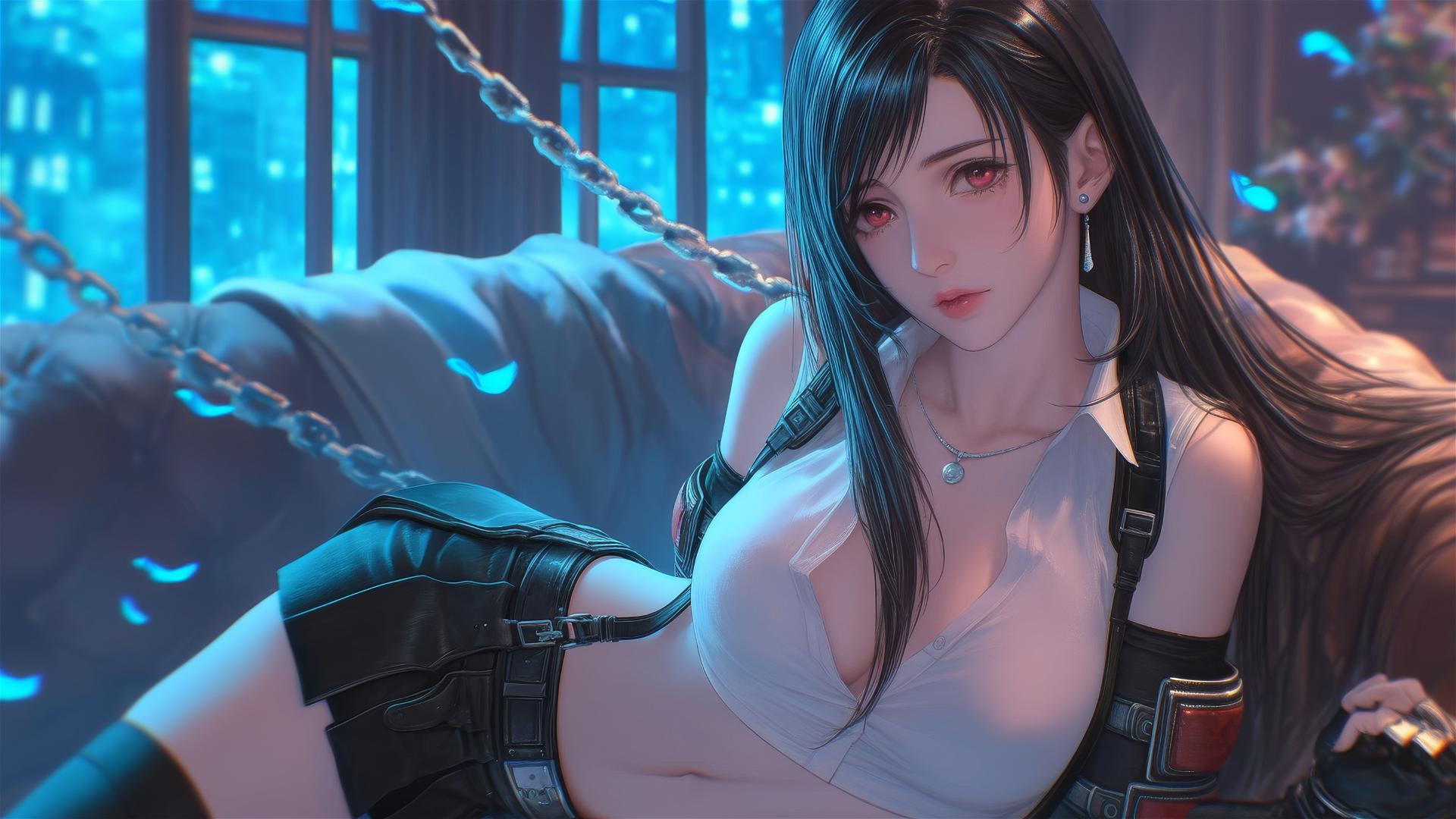 Tifa Lockhart from Final Fantasy in chains, wearing a white office shirt, in a neon-lit hotel room