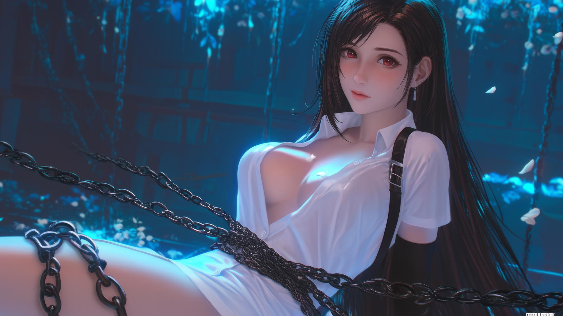 Tifa Lockhart in chains, white office shirt, neon-lit dark basement