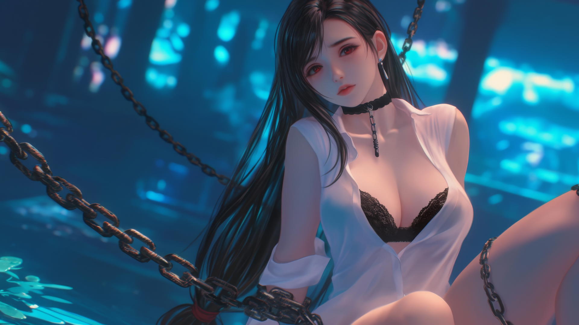 Tifa Lockhart in a white office shirt, chained in a dark basement with neon light.