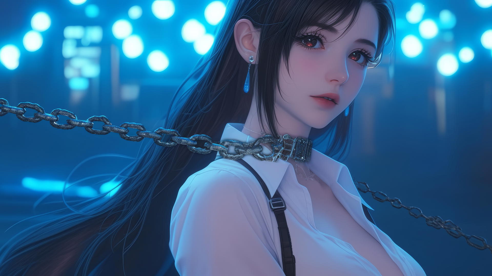 Tifa Lockhart from Final Fantasy in chains, wearing an office shirt, in a neon-lit basement.