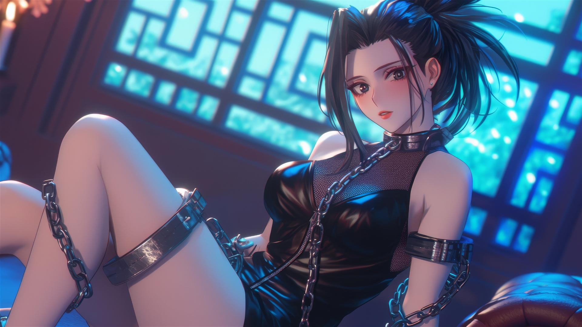 Momo Yaoyorozu from My Hero Academia locked in chains in a neon-lit modern hotel room