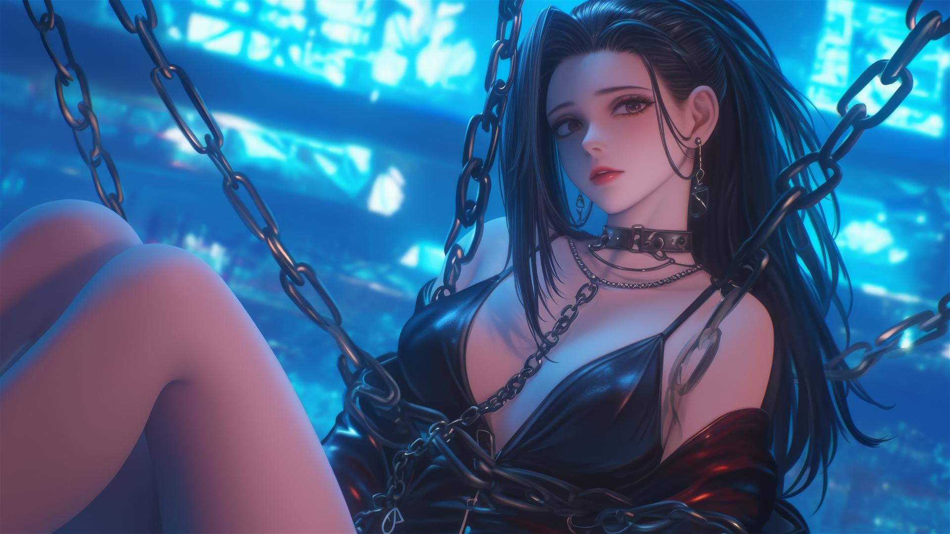 Momo Yaoyorozu in chains in a neon-lit modern hotel room