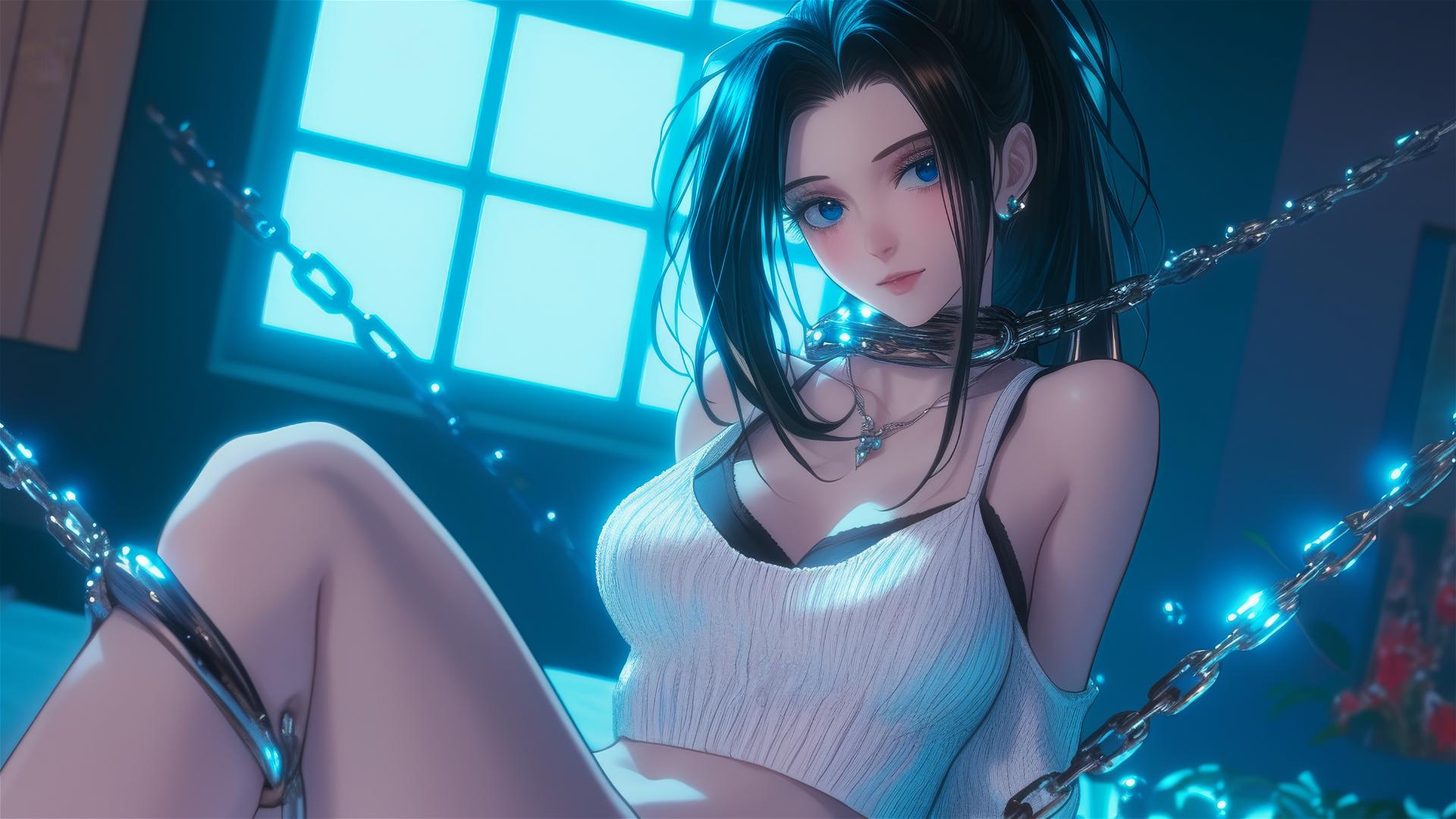 Momo Yaoyorozu from My Hero Academia in chains, neon-lit hotel room