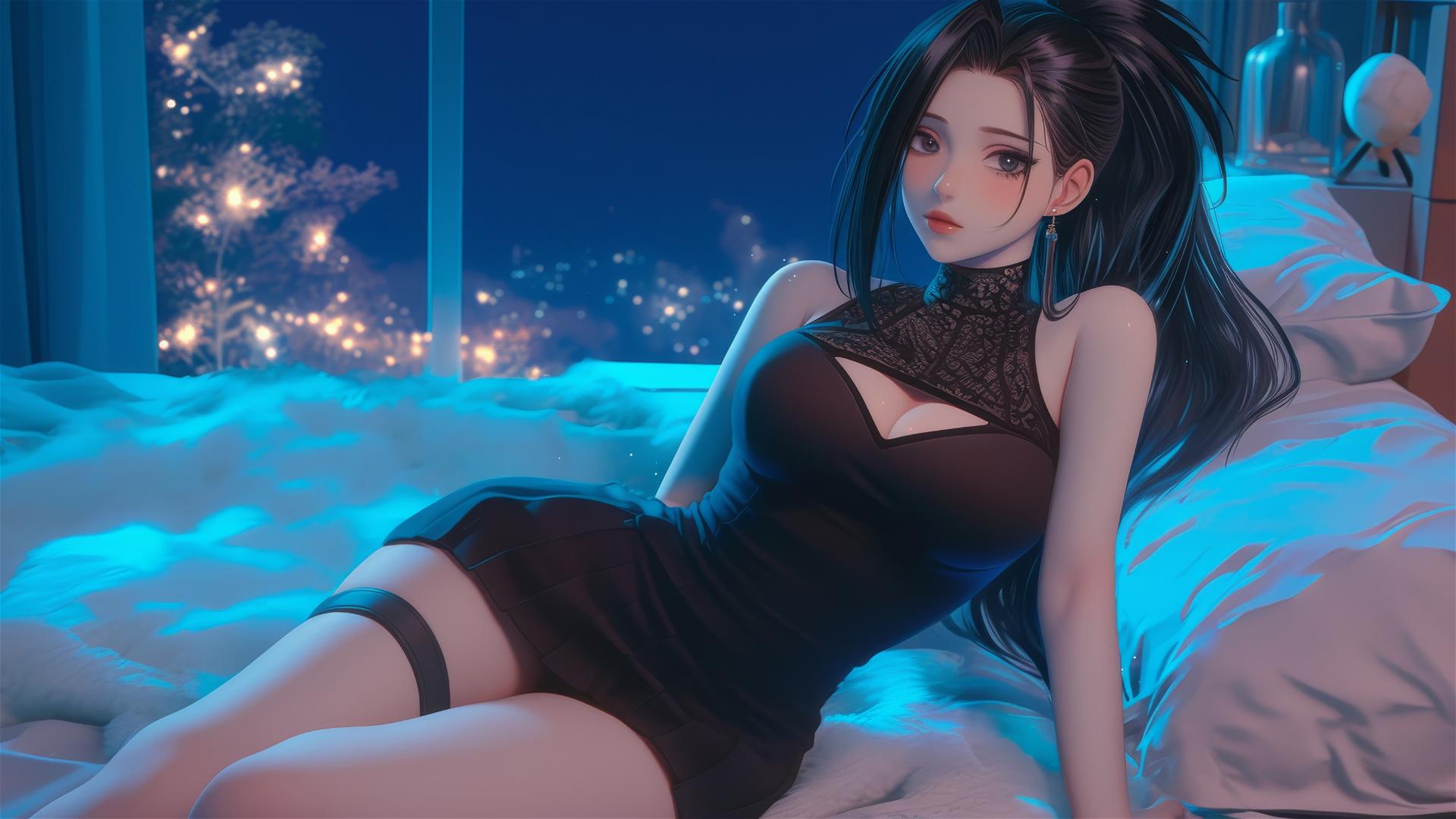 Momo Yaoyorozu in a modern hotel room with neon lighting, thigh highlight, and spiky ponytail.