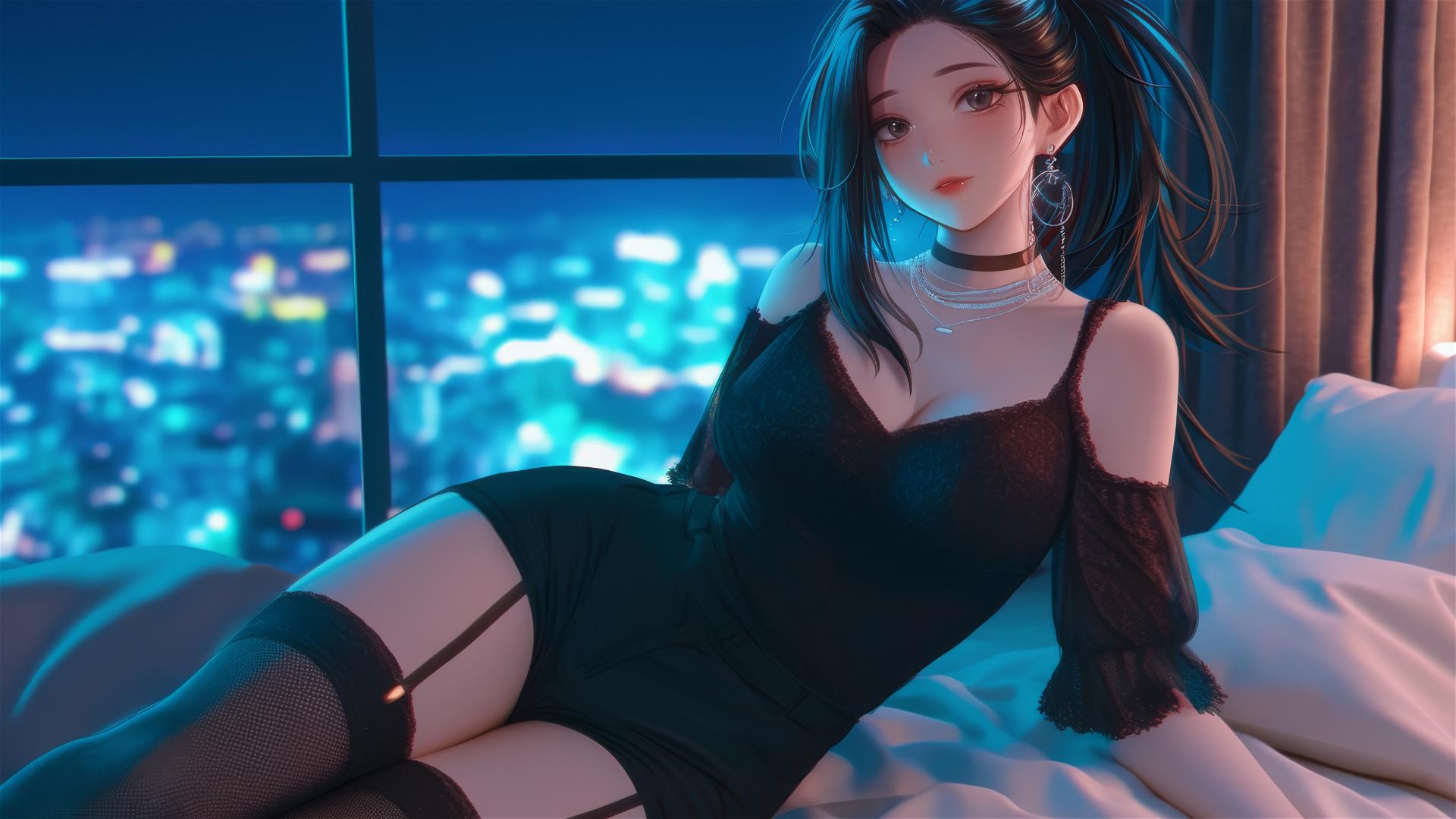Momo Yaoyorozu in a modern hotel room with neon light