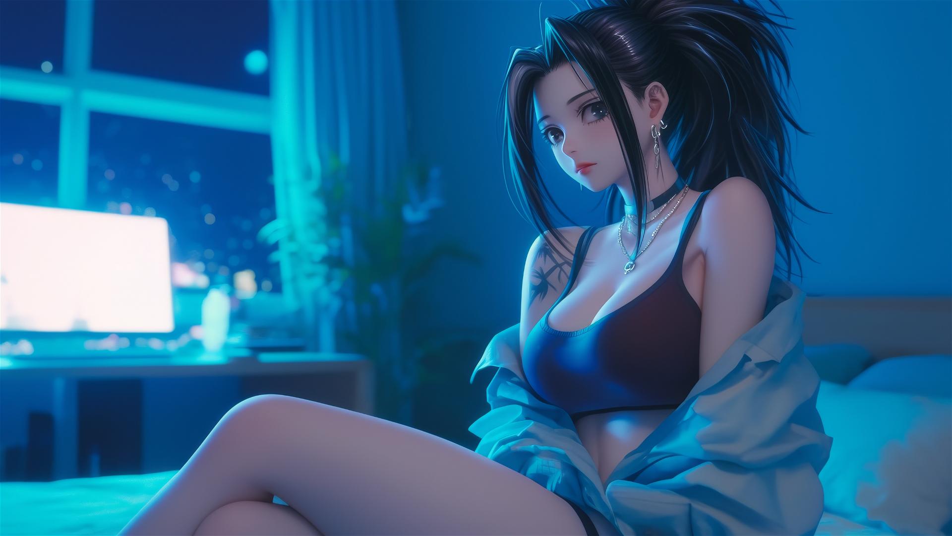 Momo Yaoyorozu in modern hotel room with neon light