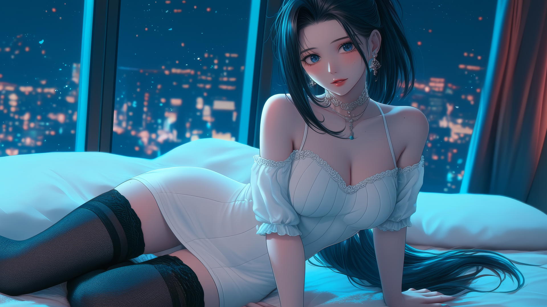 Momo Yaoyorozu from My Hero Academia, in a modern hotel room with neon lights