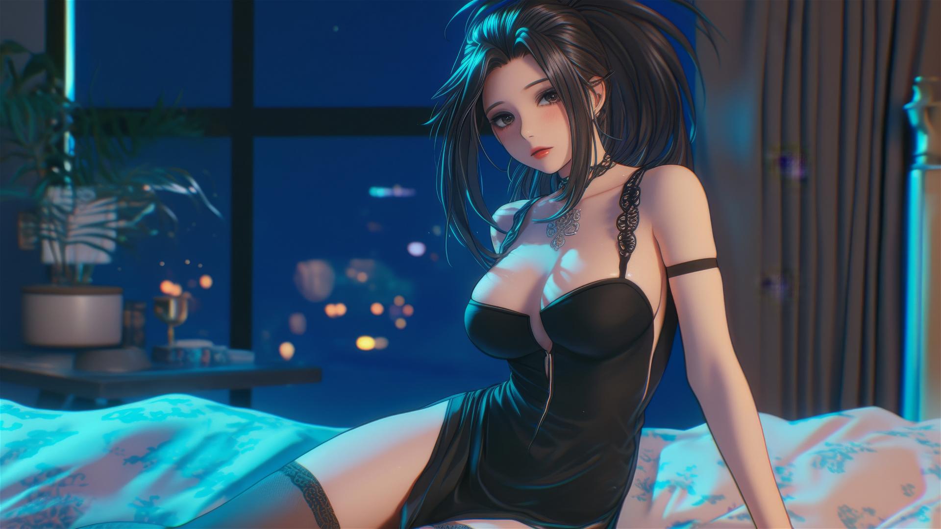 Momo Yaoyorozu in a modern hotel room with neon lighting