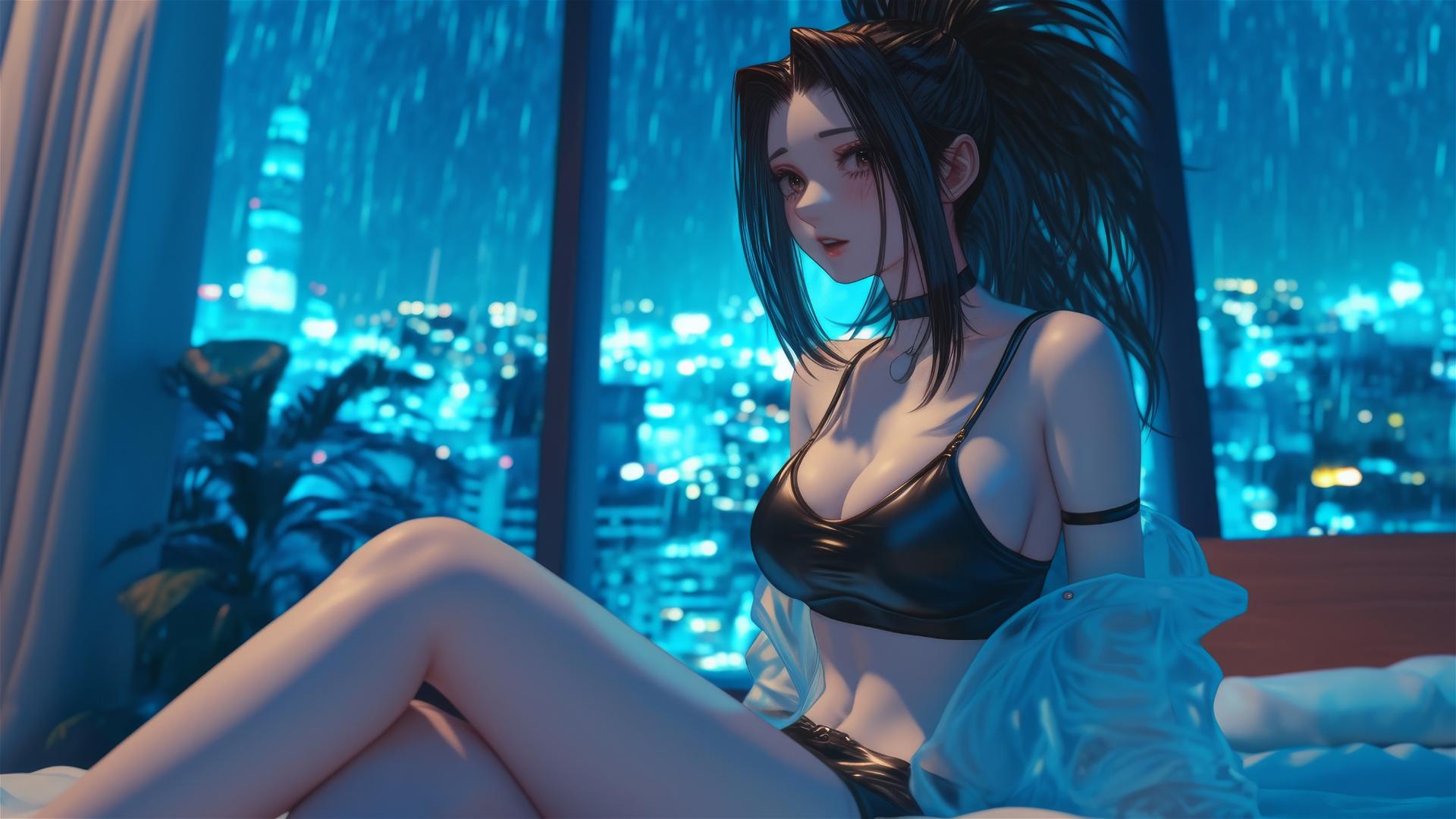 Momo Yaoyorozu in a modern hotel room with neon light