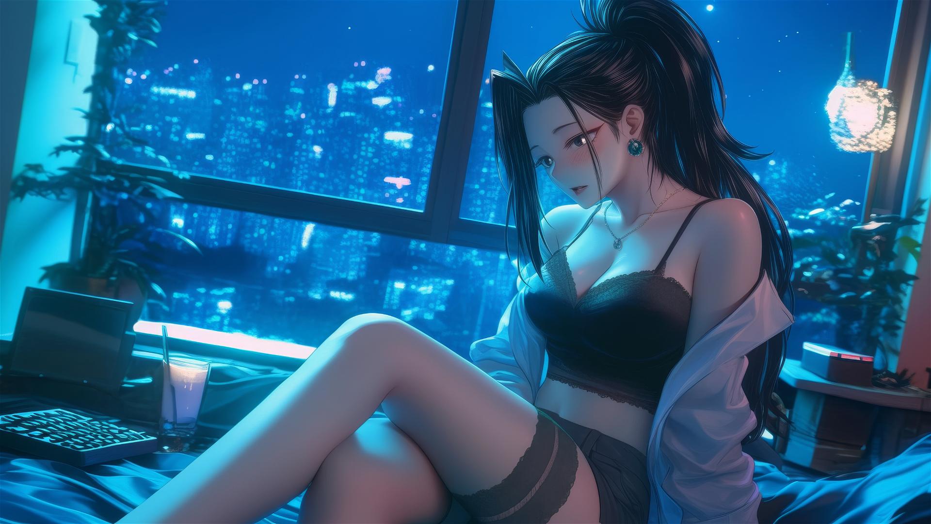 Momo Yaoyorozu in modern hotel room with neon light glow