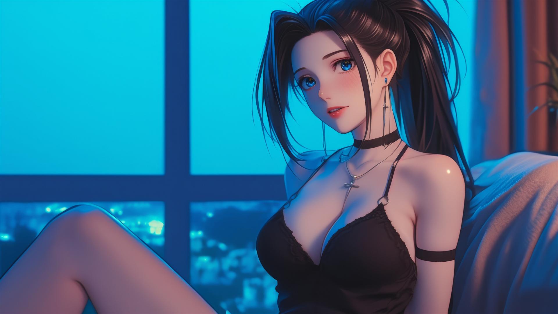 Momo Yaoyorozu in modern hotel room with neon light glow and highlighted thigh