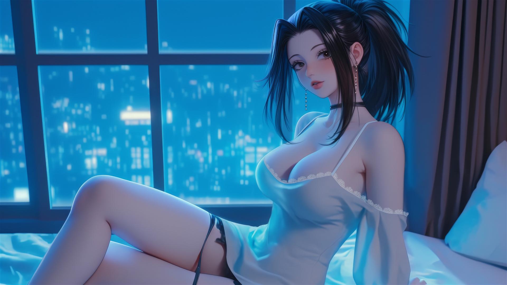 Momo Yaoyorozu from My Hero Academia in a modern hotel room with neon light.