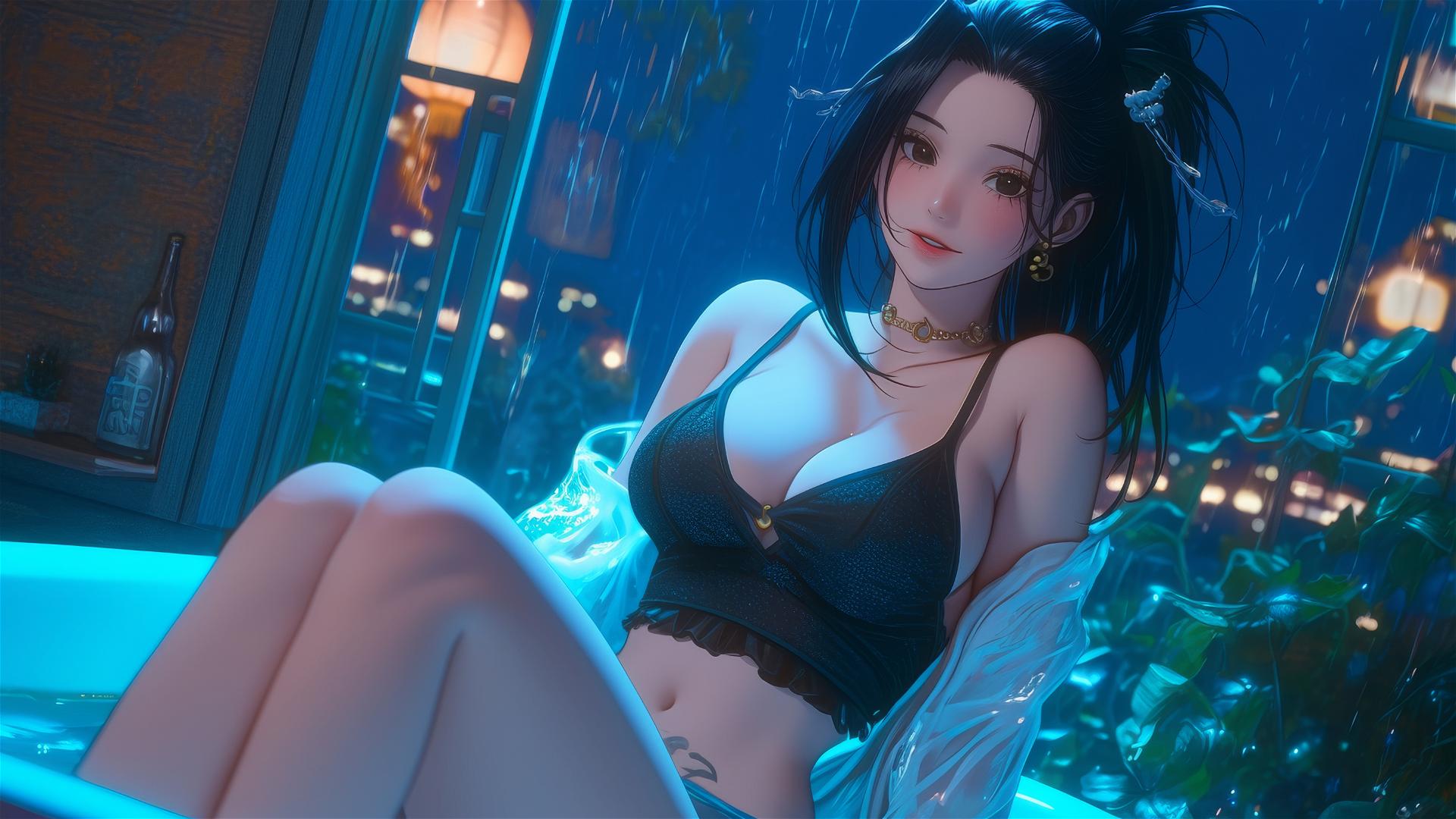Momo Yaoyorozu from My Hero Academia in a tub with neon light glow