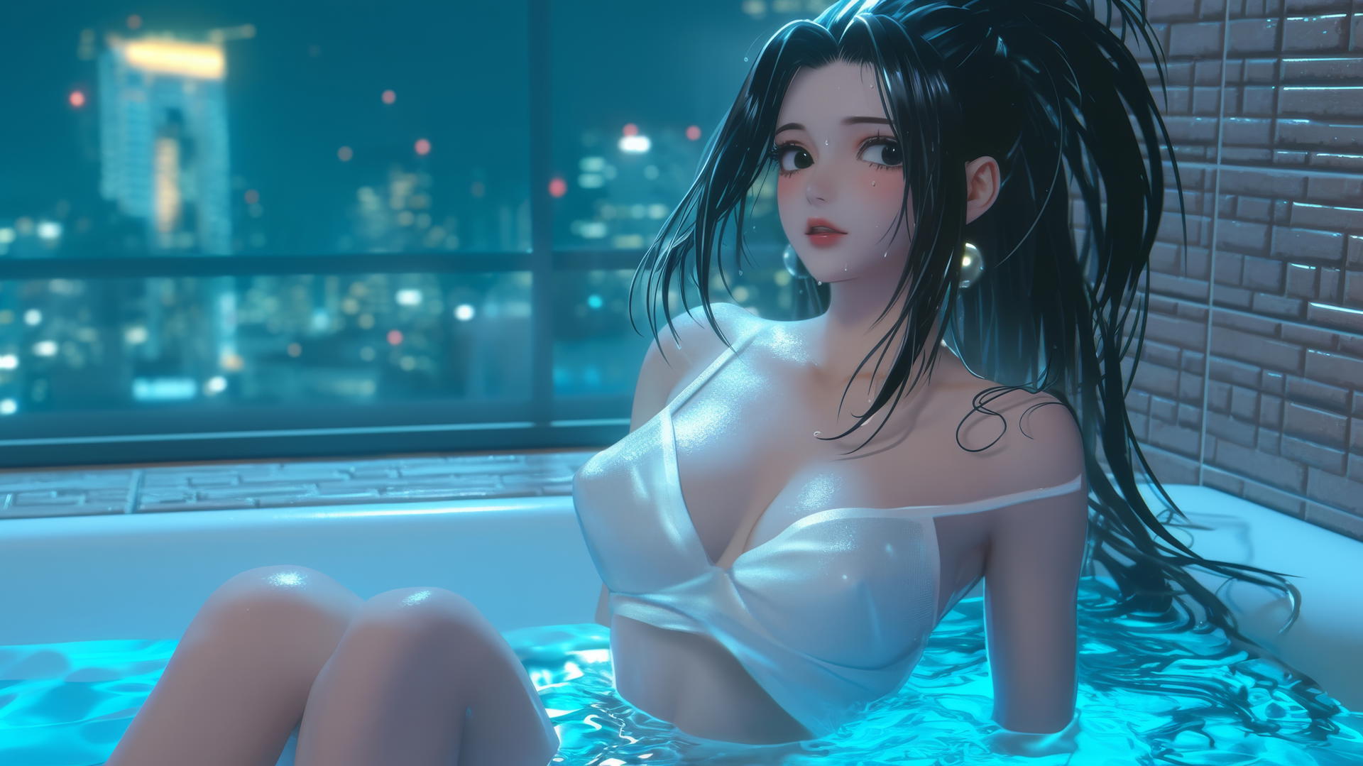 Momo Yaoyorozu in a modern hotel bathtub with neon lighting
