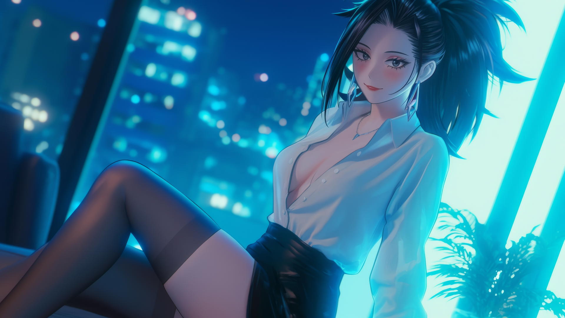 Momo Yaoyorozu from My Hero Academia in a white office shirt at a modern hotel with neon light glow