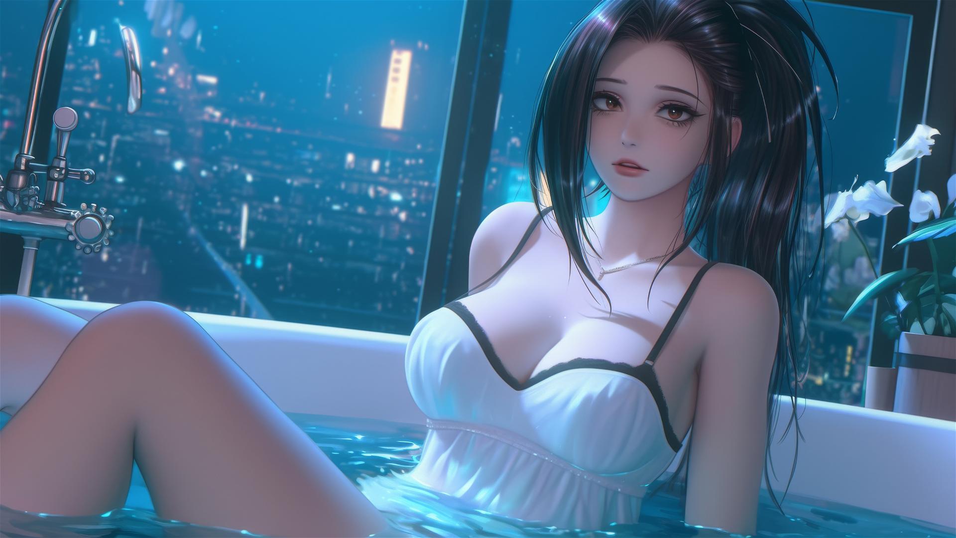 Momo Yaoyorozu in a modern hotel bathtub illuminated by neon light