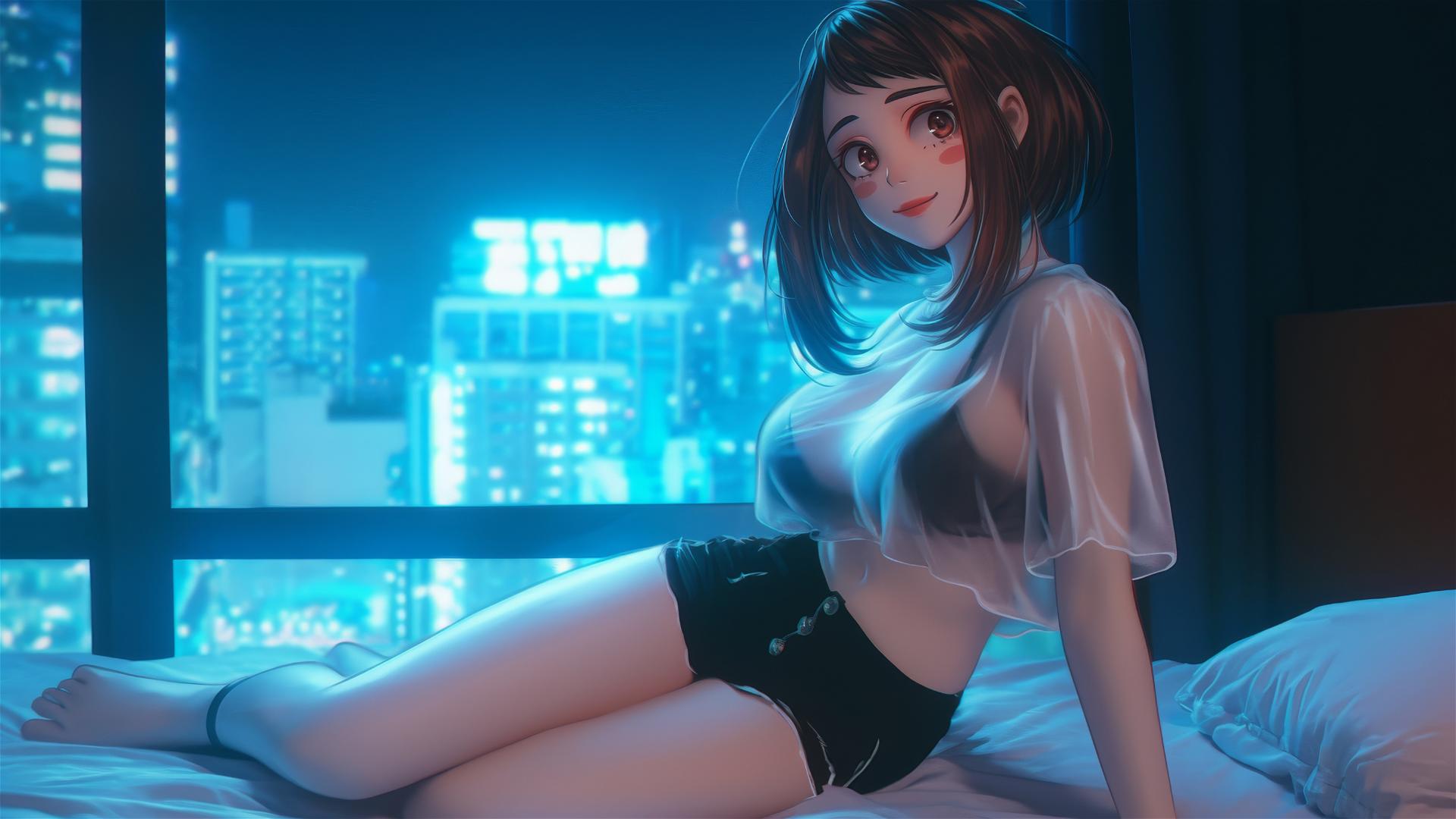 Ochaco Uraraka in a modern hotel room with neon light glow, auburn hair, blush