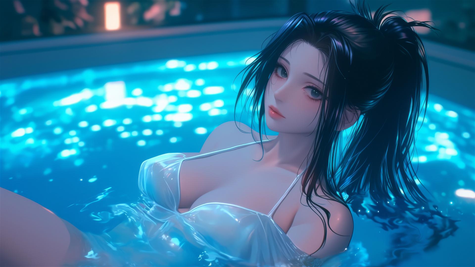 Momo Yaoyorozu in a bathtub in a modern hotel with neon lighting casting a soft glow.