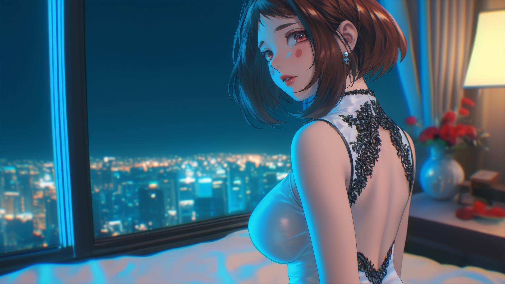 Ochaco Uraraka in a neon-lit modern hotel room with auburn hair and eyes, blushing.