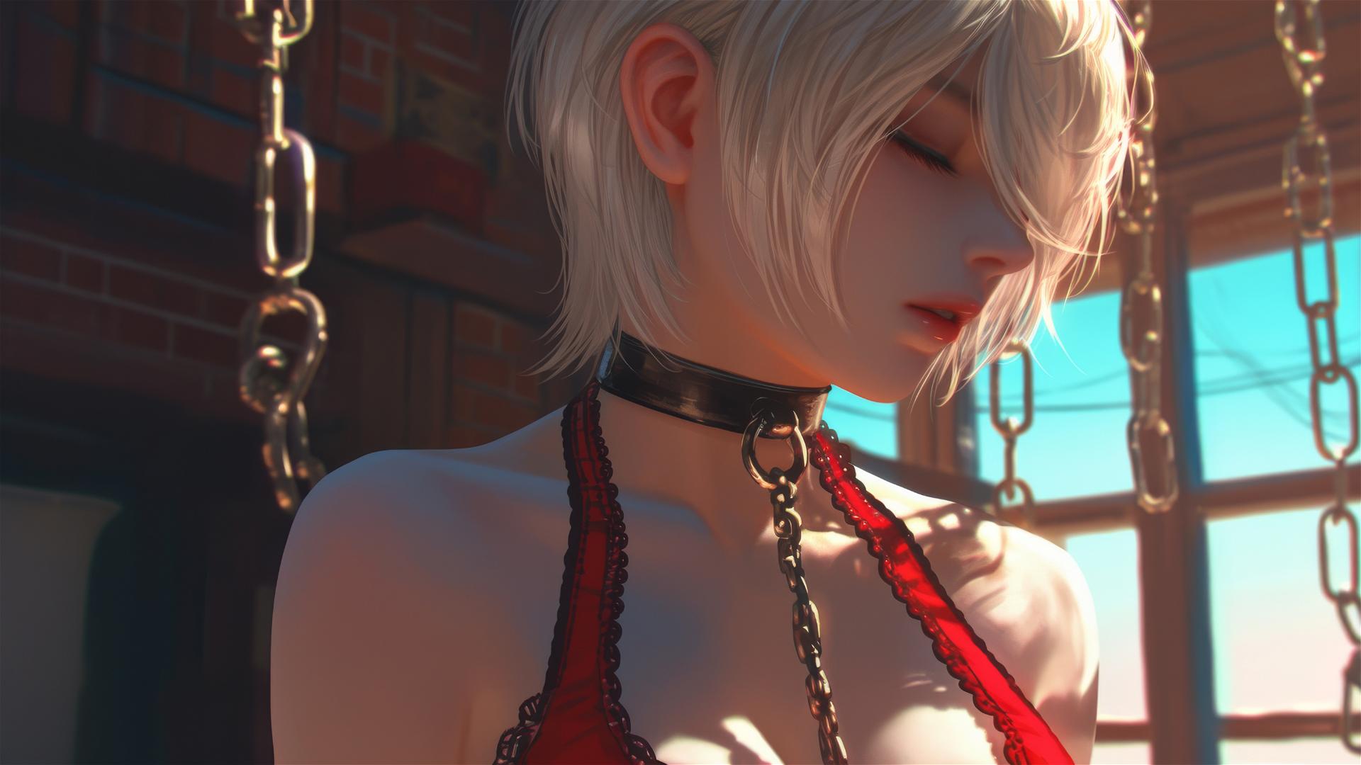 2B from Nier in red outfit, blindfolded, neck chained, soft warm light