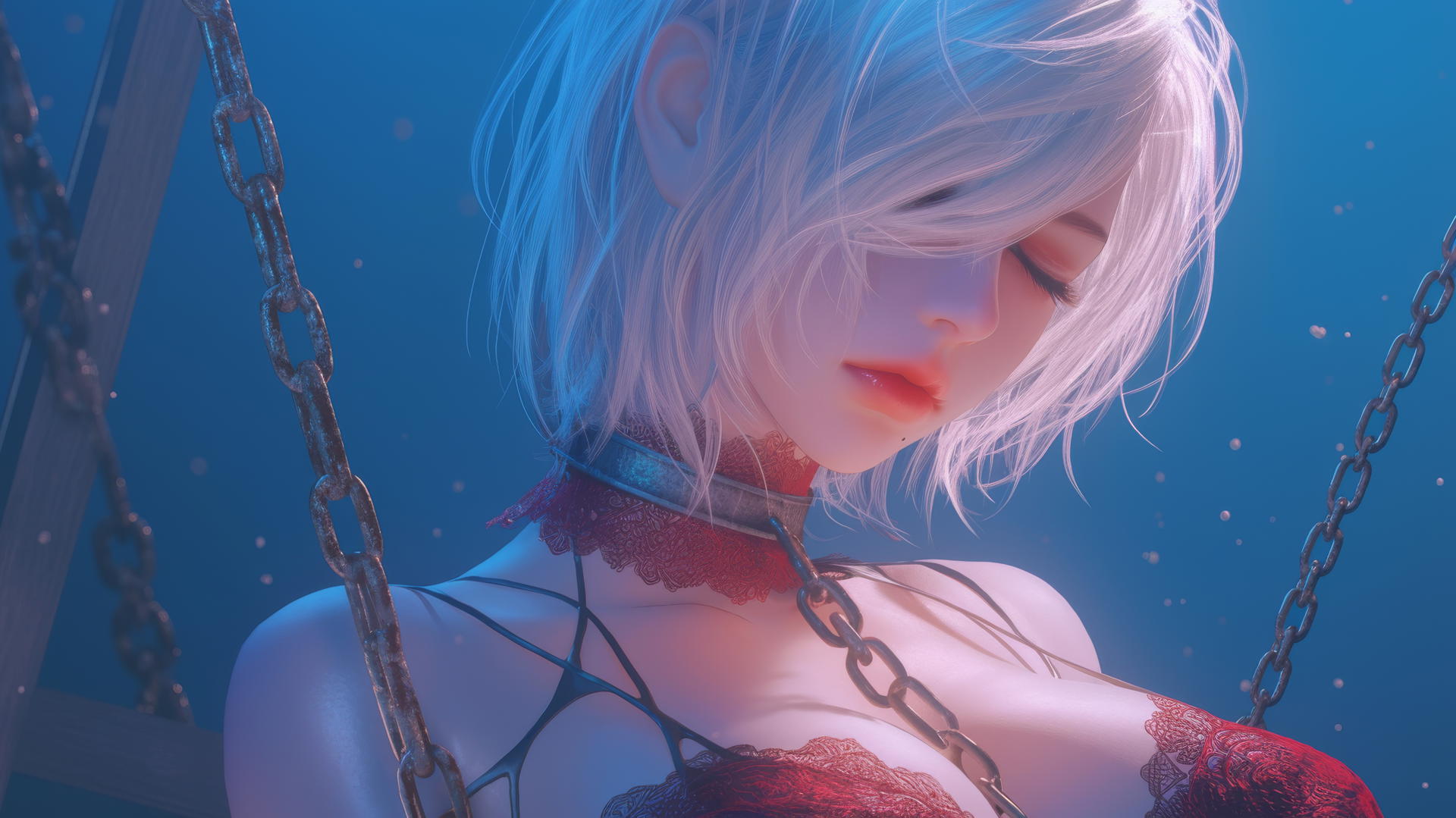 2B from Nier, neck locked with iron chains, wearing red with a blindfold, warm light glow
