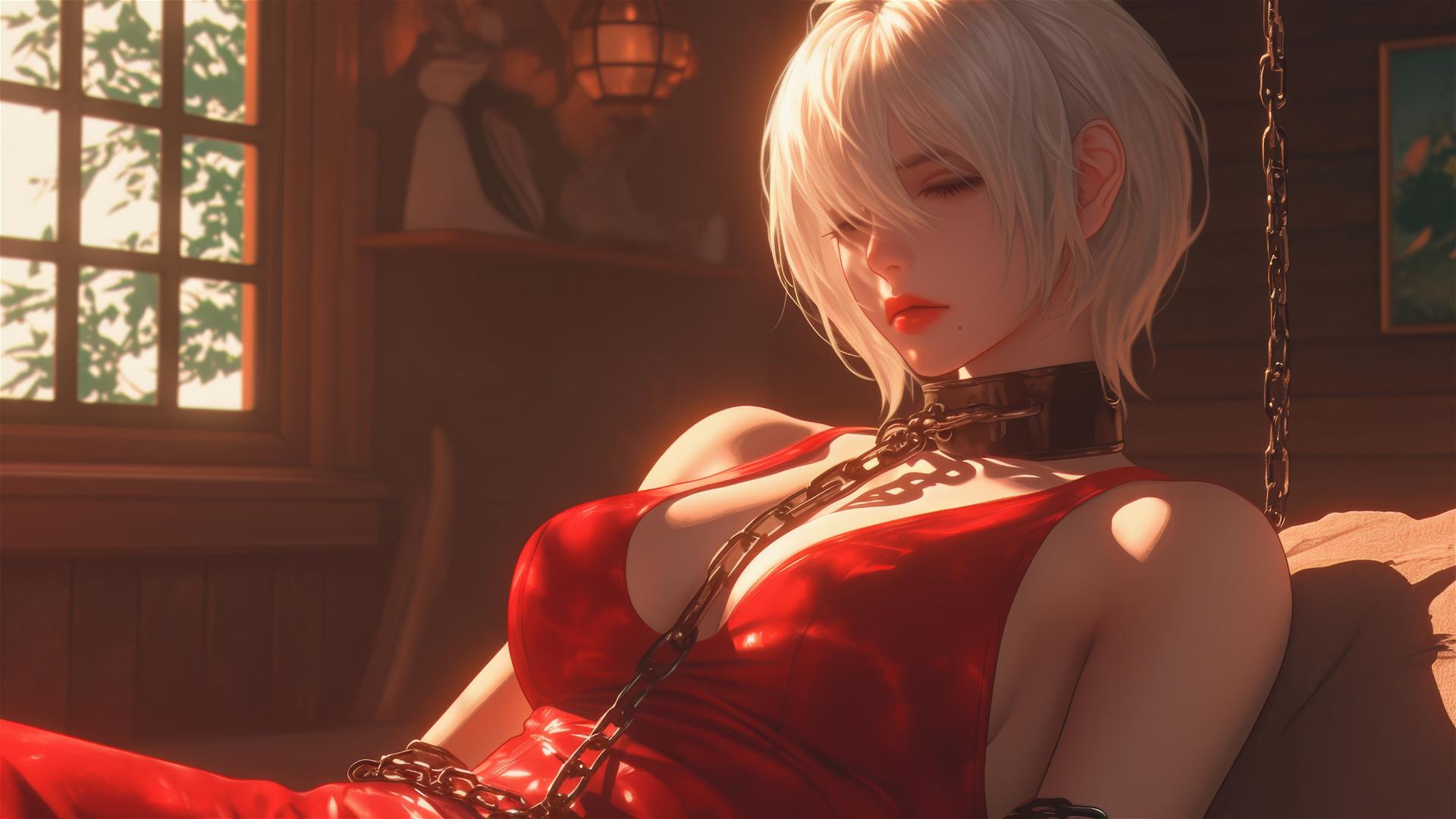 2B from Nier with neck locked in thick iron chains, wearing a red outfit and blindfold in a modern hotel room.