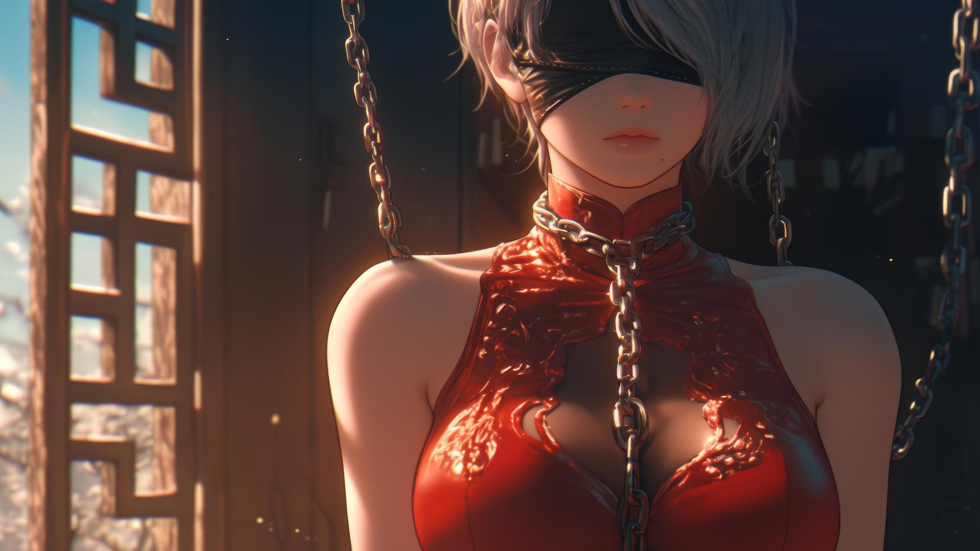 2B from Nier in red, blindfolded, chained by the neck in a modern hotel room