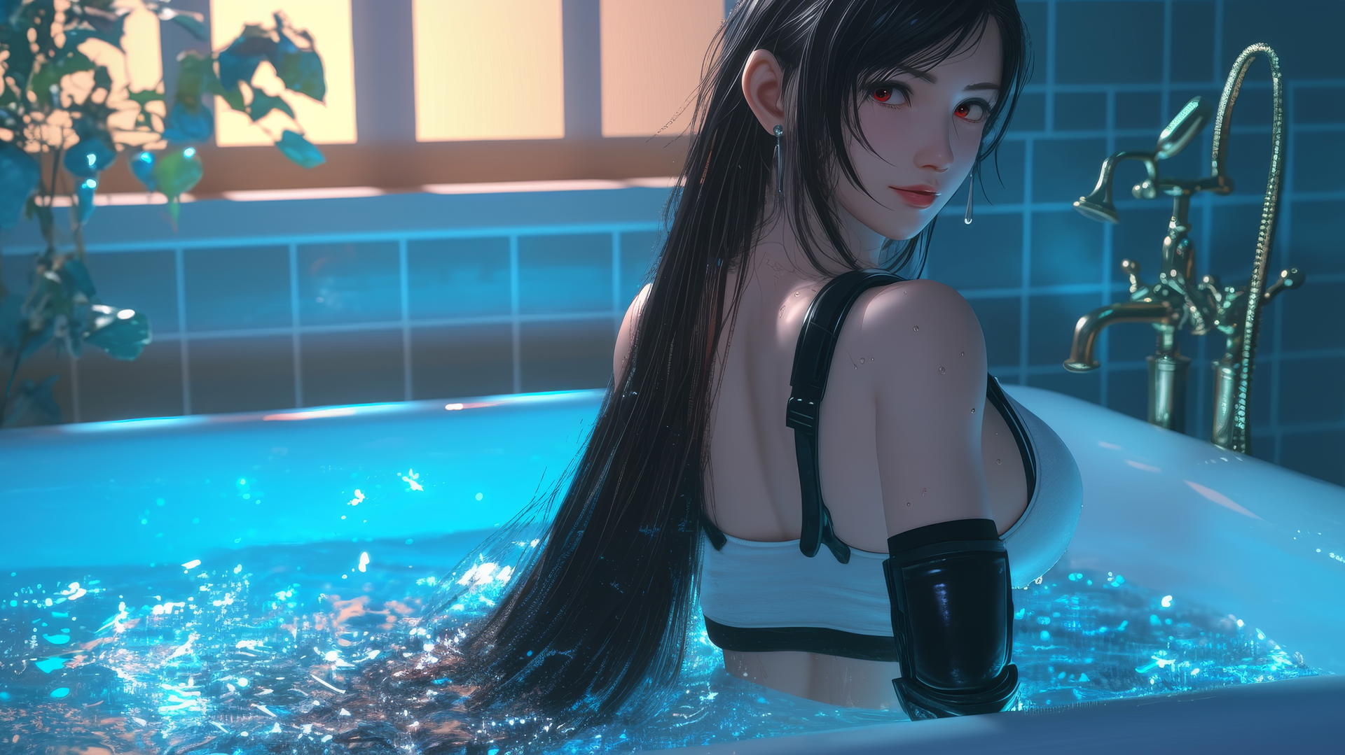 Tifa Lockhart from Final Fantasy at a tub in a modern apartment, warm light glow