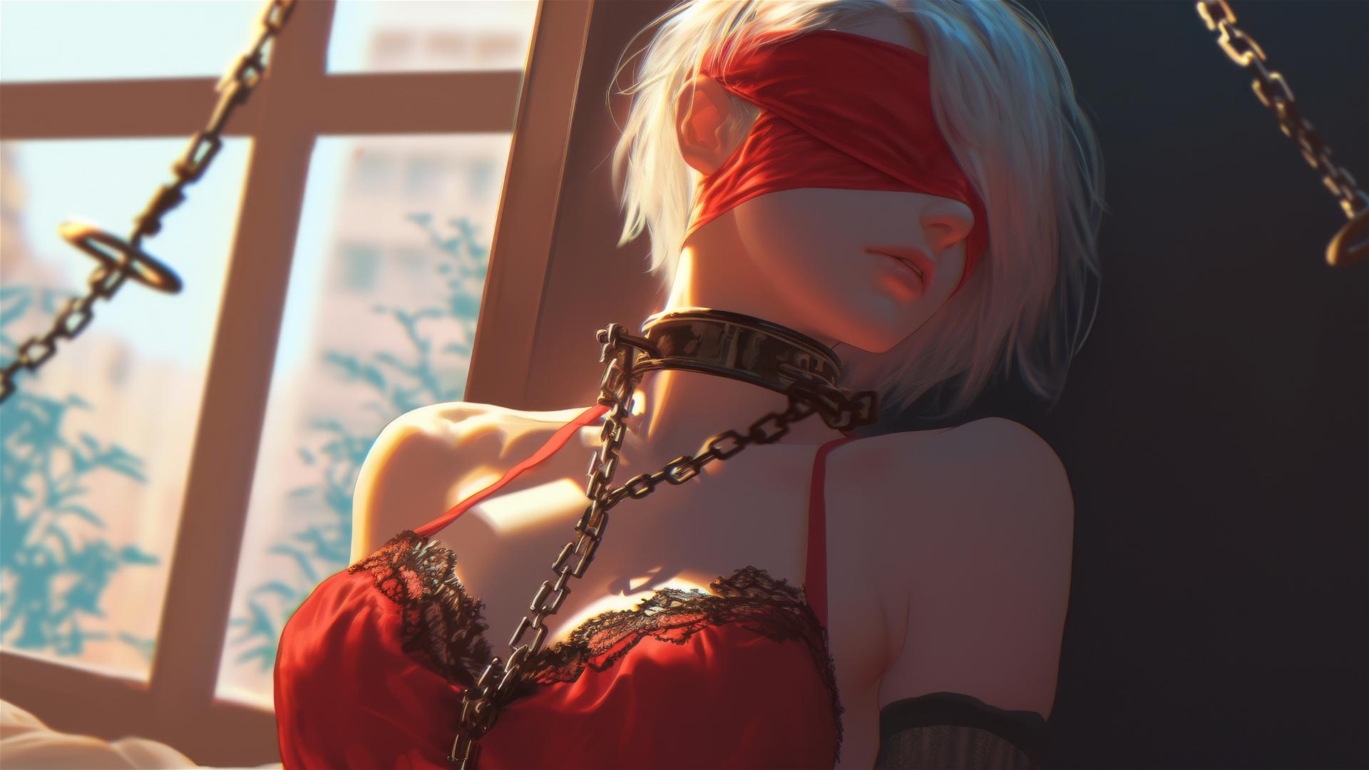 2B from Nier in a modern hotel room, neck locked with thick iron chains, wearing red with a red blindfold.