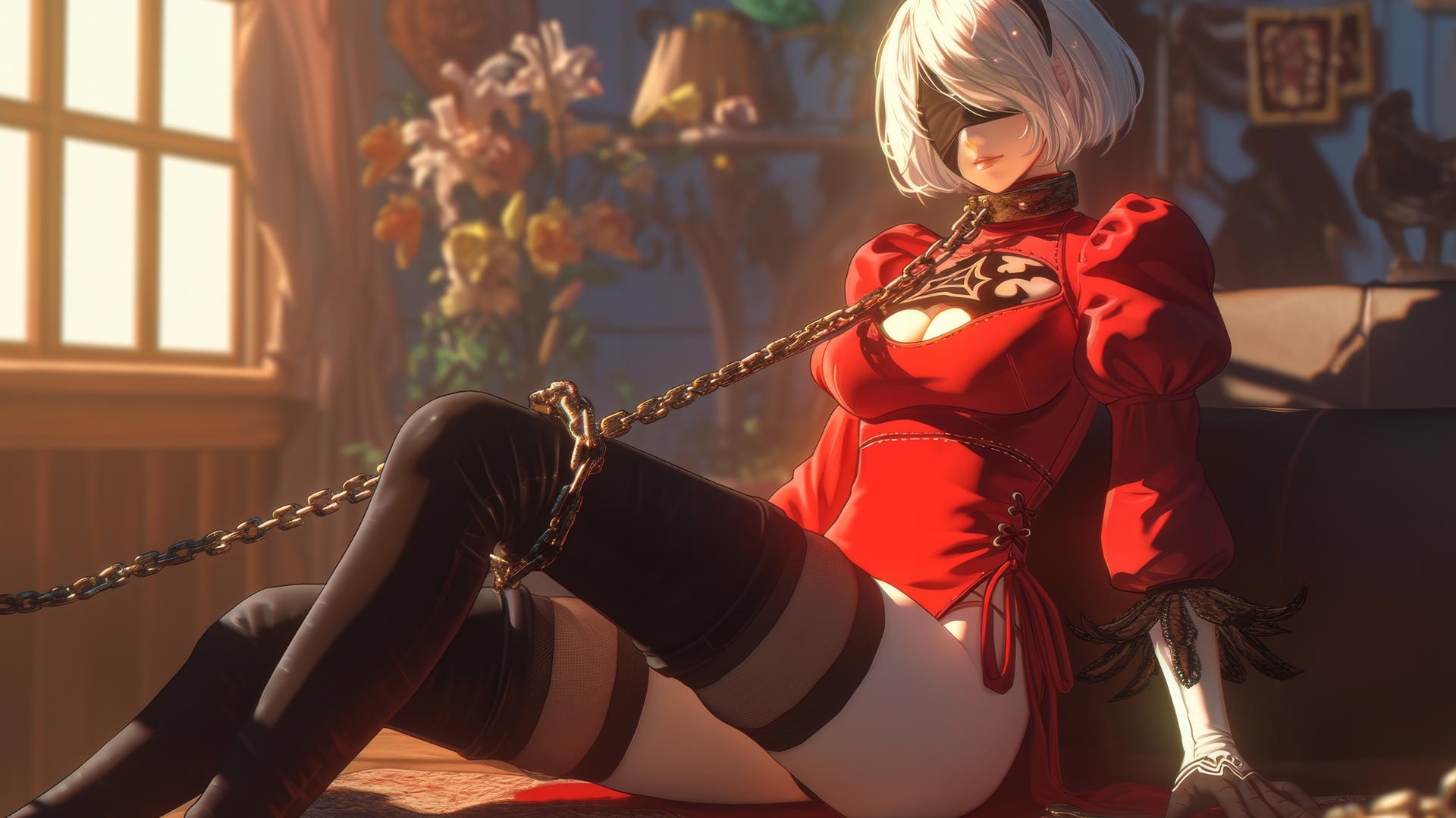 2B from Nier chained by the neck in a modern hotel room with warm lighting