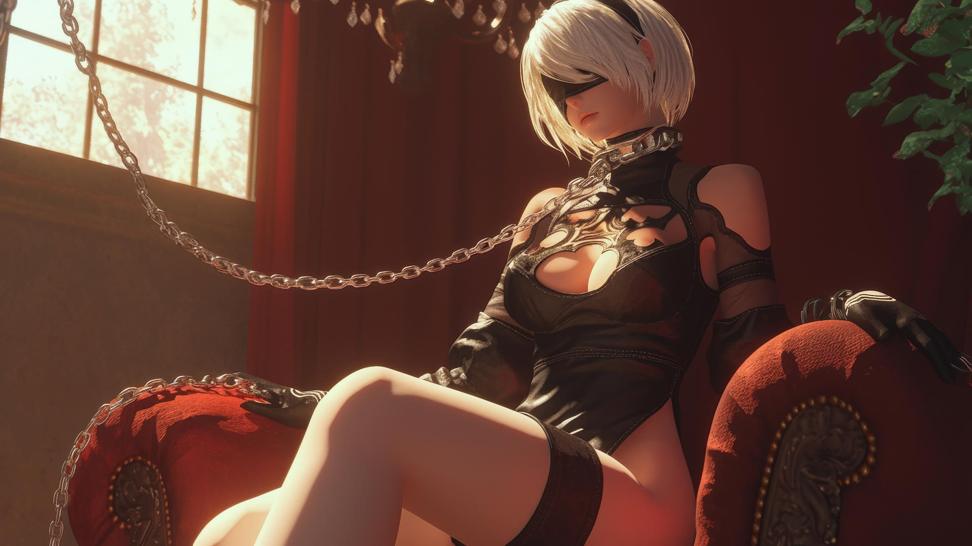 2B from Nier with neck locked in thick iron chains, wearing red, in a modern hotel room.