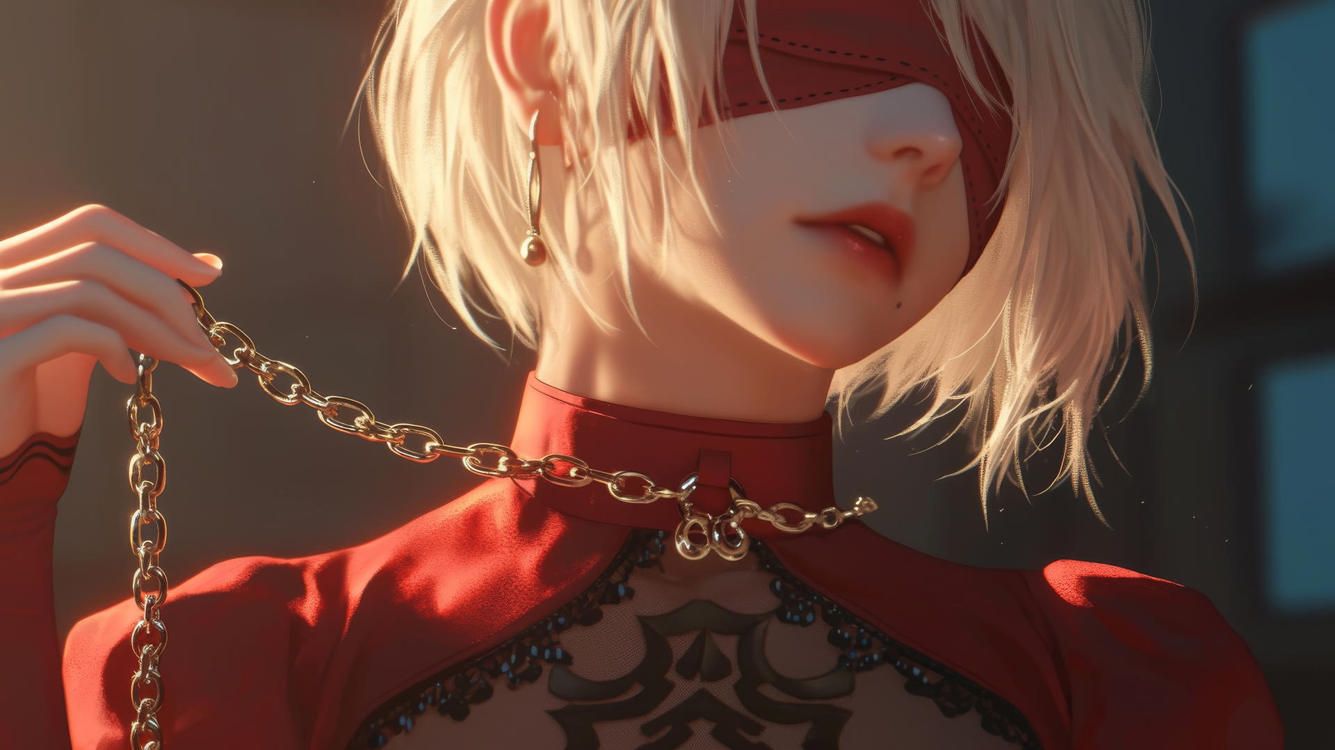 2B from Nier in a modern hotel room, neck locked with thick iron chains, wearing all red and a red blindfold, warm light casting a soft glow