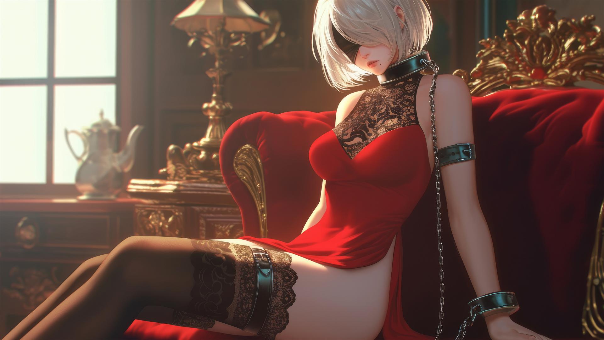 2B from Nier in a modern hotel room, neck locked with thick iron chains, wearing a red outfit and blindfold, with warm light casting a soft glow.