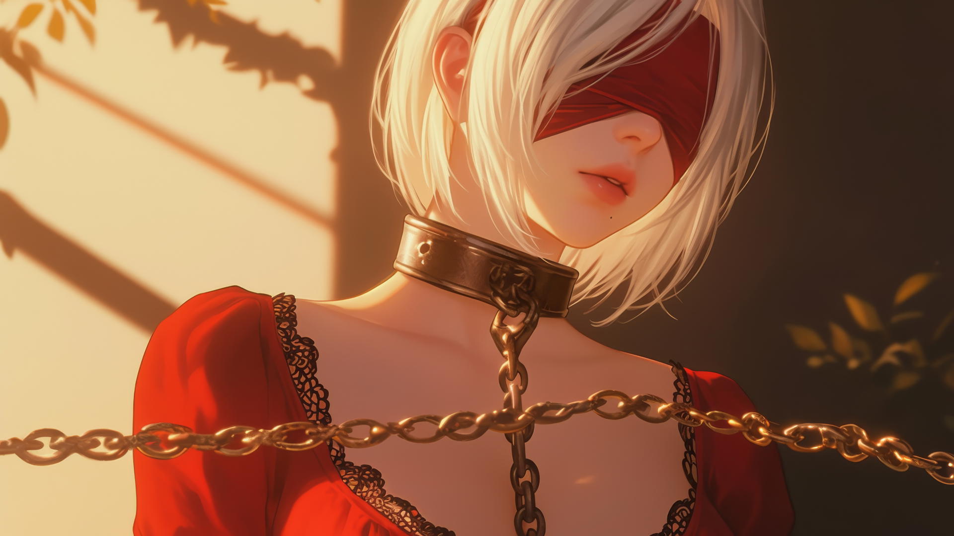 2B from Nier with iron chains around neck in red outfit and blindfold in a hotel room