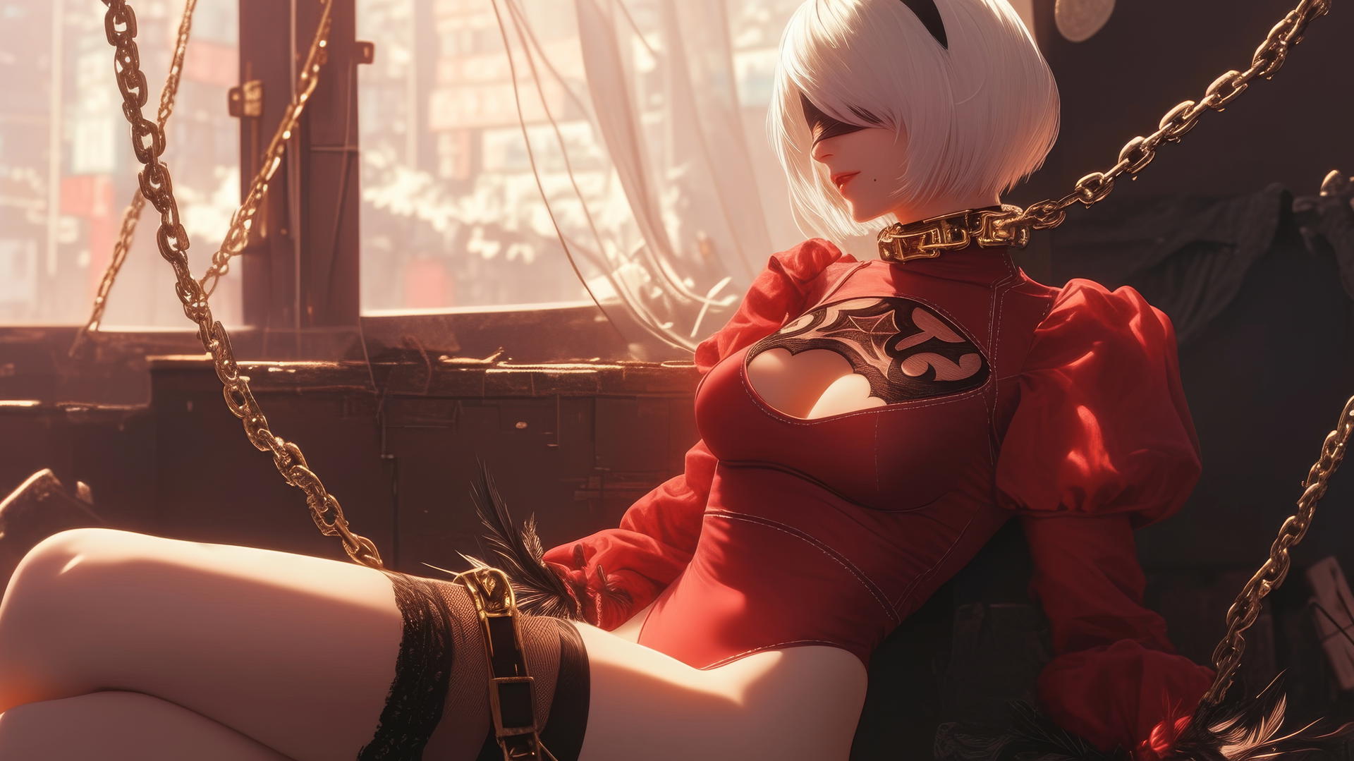 2B from Nier in an all-red outfit, neck locked with thick iron chains, sitting in a modern apartment tub, with soft warm light highlighting her.