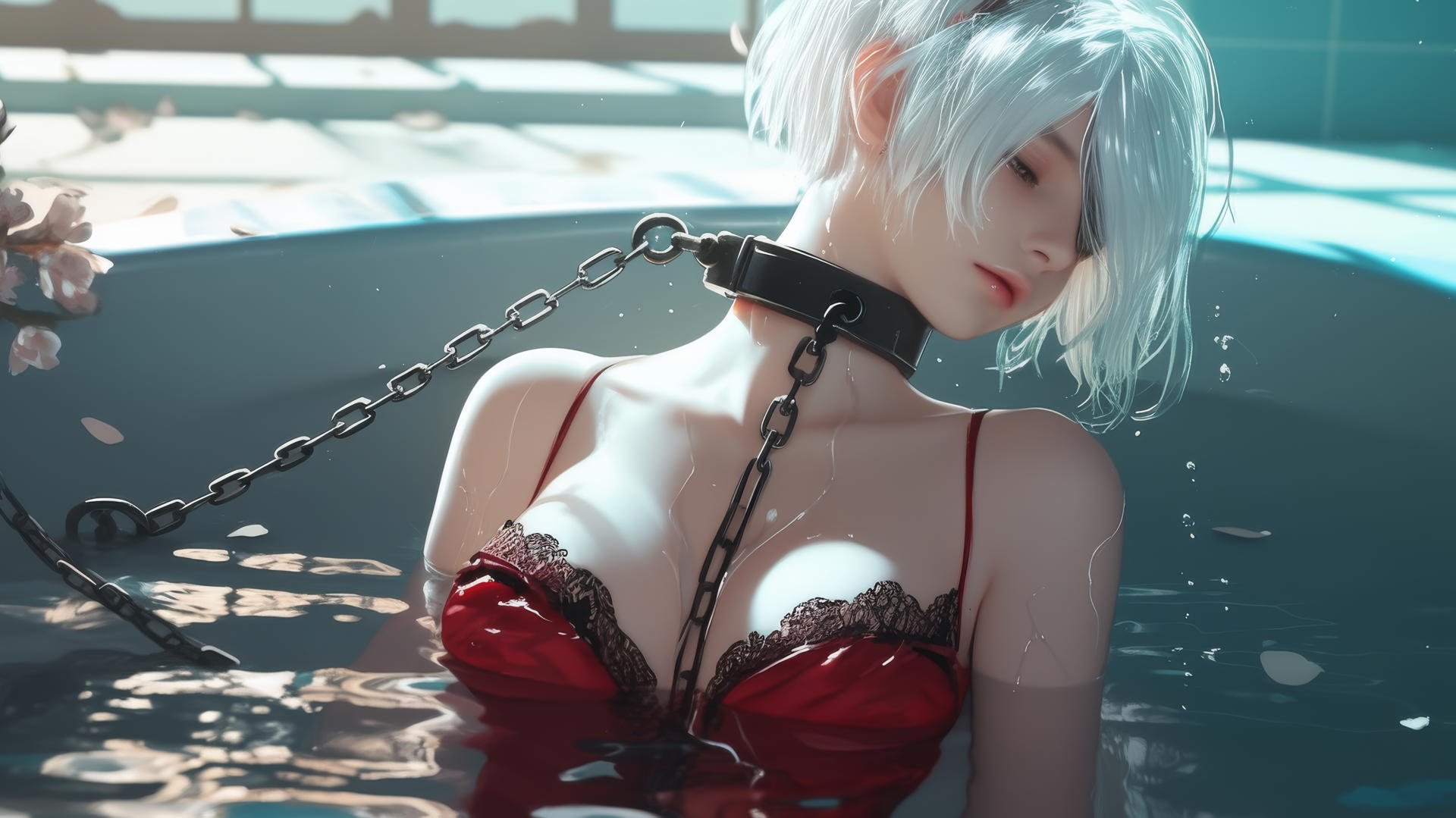 2B from Nier, neck chained, in red attire, blindfolded, warm light