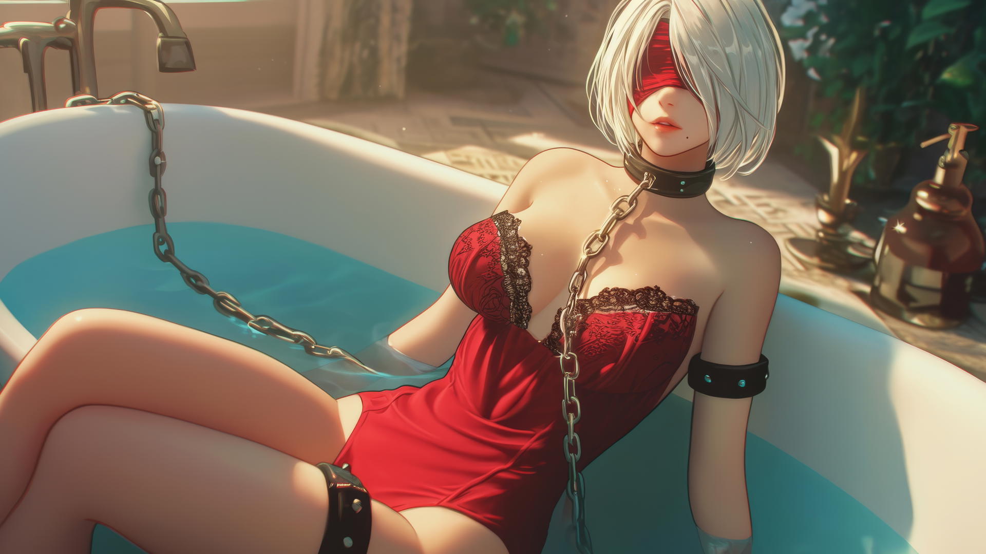 2B from Nier in a tub with iron chains around her neck