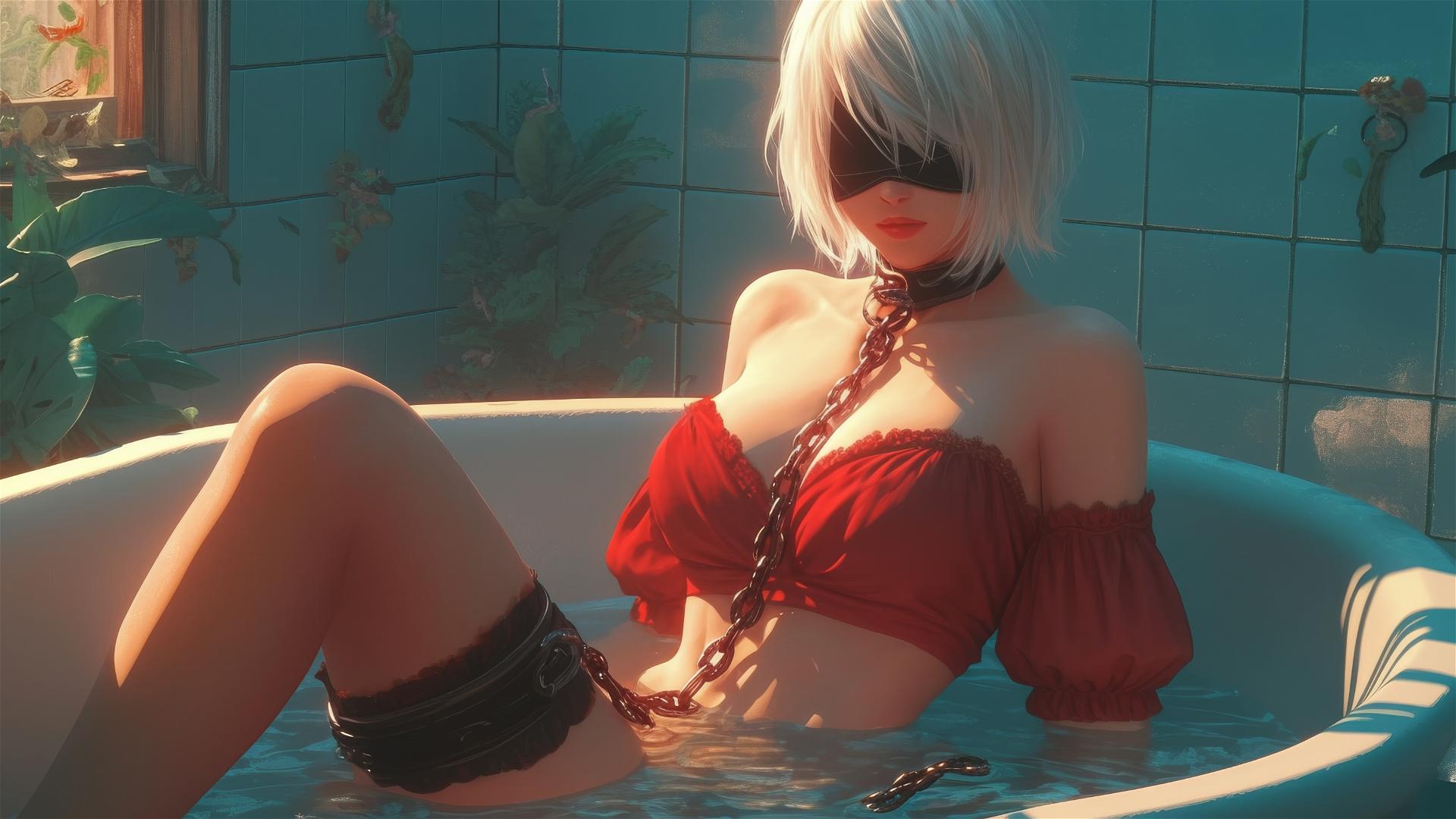 2B from Nier in a modern apartment, neck locked with iron chains, wearing a red outfit and blindfold.
