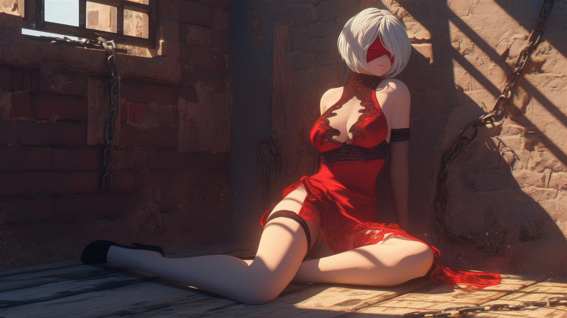 2B from Nier chained, red outfit, blindfolded, tub in modern apartment, soft warm light