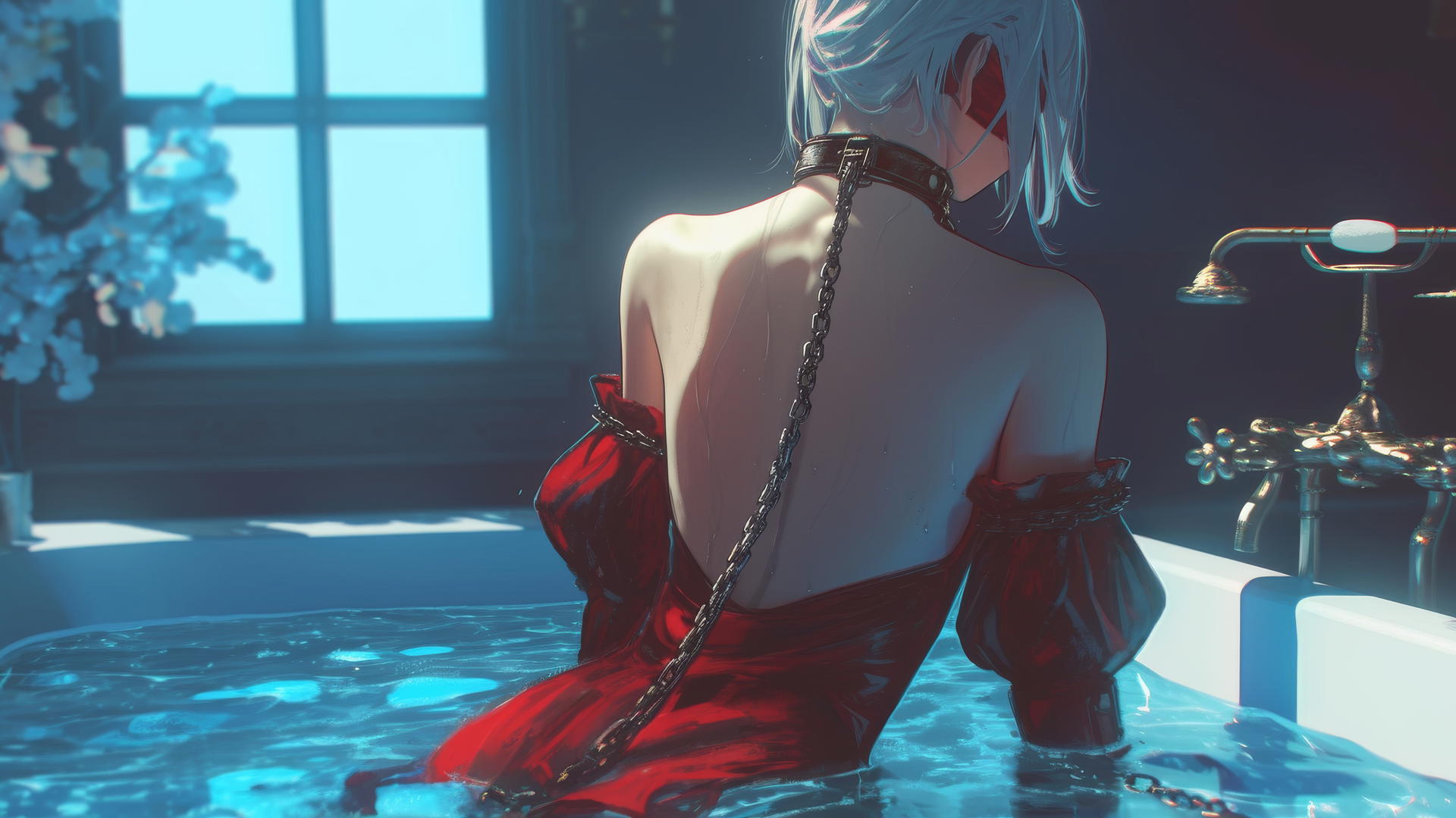 2B from Nier in all red with iron chains around her neck, blindfolded, warm glow.