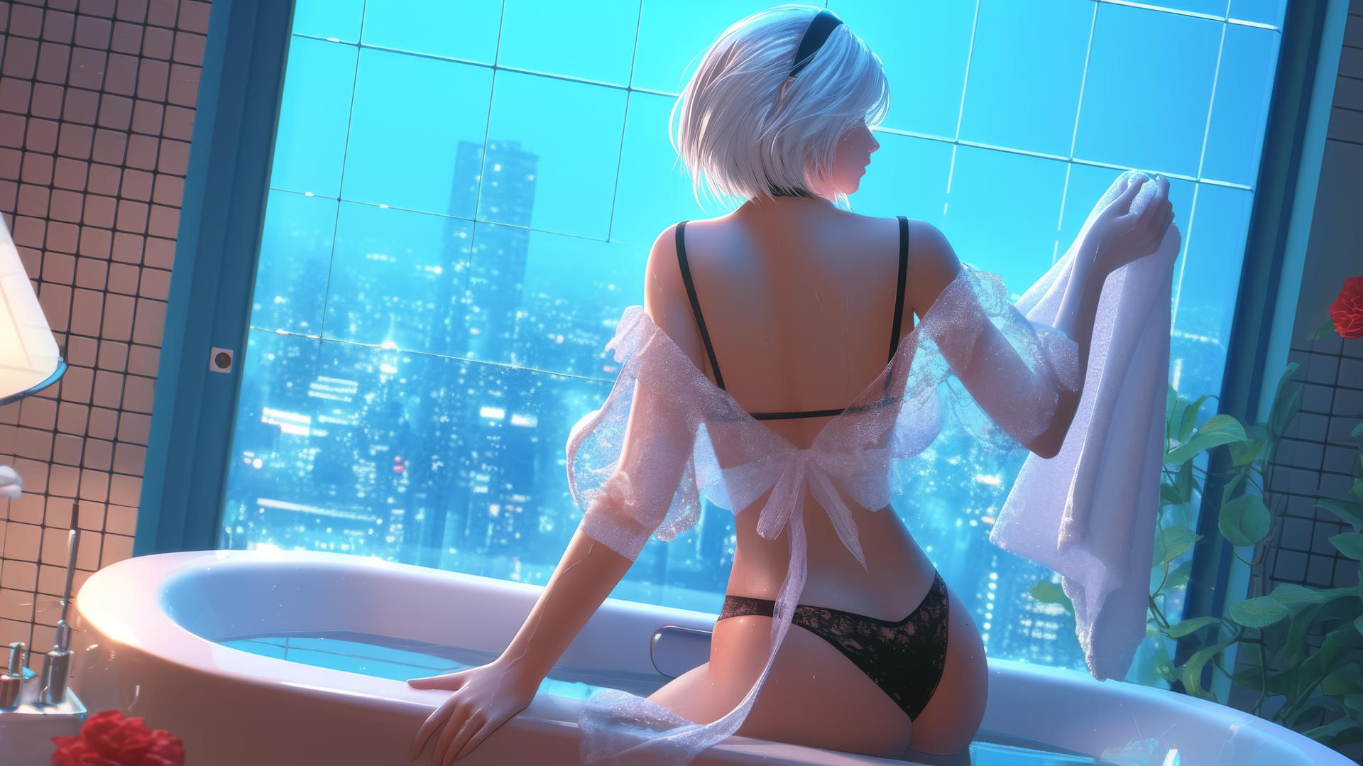 2B from Nier facing away in a modern apartment with warm light